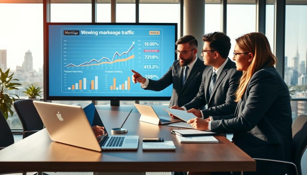 A modern office setting with a large screen displaying rising graphs and statistics related to website traffic. In the foreground, a diverse group of three mortgage brokers in professional business attire are gathered around a digital tablet, actively discussing online marketing strategies. One broker points to the screen, emphasizing the data, while the others listen attentively. The middle ground features a sleek desk with a laptop, smartphone, and notepad filled with ideas for paid advertising. The background shows large windows with a city skyline, suggesting a dynamic business environment. Warm, natural lighting pours in, creating an inviting atmosphere. The mood is focused and energetic, illustrating a proactive approach to driving immediate traffic through ads.Managerial and marketing elements are highlighted, conveying the subject effectively without distractions.