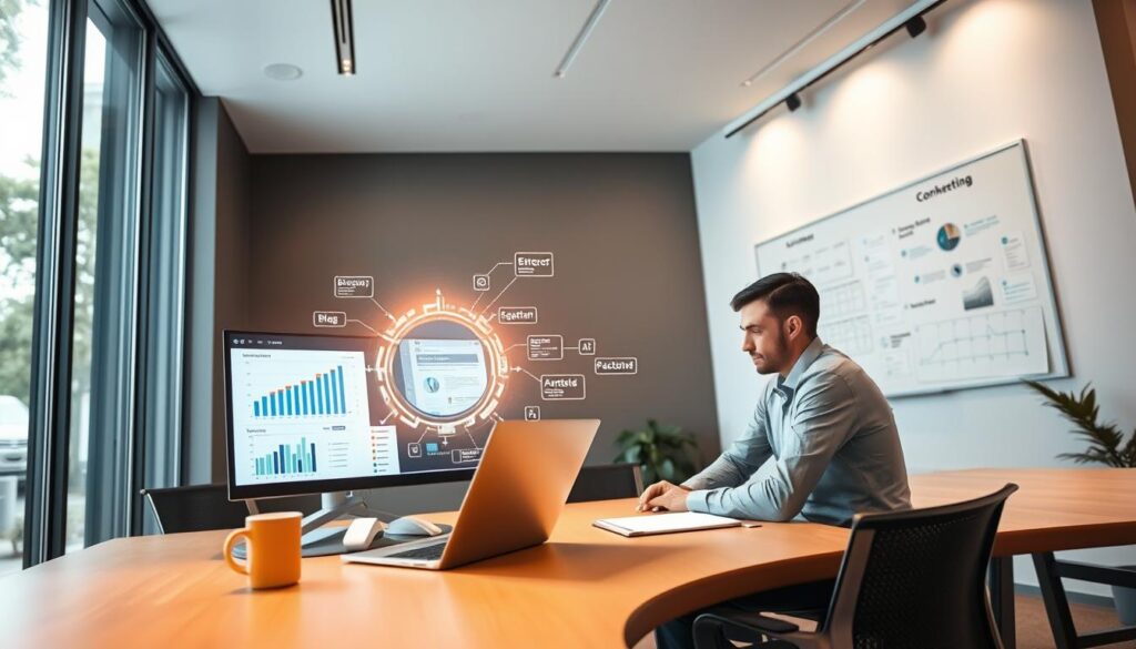 A modern office setting with a sleek, minimalistic design, featuring a large window that lets in natural light. In the foreground, a professional in smart casual attire is seated at a high-tech desk, analyzing data on a large laptop screen, with graphs and metrics reflecting the effectiveness of AI-generated content. In the middle ground, a futuristic AI interface is depicted as glowing holographic visuals showcasing various content types, such as blogs and social media posts. The background displays a whiteboard filled with strategic ideas for content marketing. The atmosphere is focused and innovative, with a sense of collaboration and forward-thinking reflected in warm lighting. The angle is slightly overhead, creating an inviting and insightful perspective. A modern office setting with a sleek, minimalistic design, featuring a large window that lets in natural light. In the foreground, a professional in smart casual attire is seated at a high-tech desk, analyzing data on a large laptop screen, with graphs and metrics reflecting the effectiveness of AI-generated content. In the middle ground, a futuristic AI interface is depicted as glowing holographic visuals showcasing various content types, such as blogs and social media posts. The background displays a whiteboard filled with strategic ideas for content marketing. The atmosphere is focused and innovative, with a sense of collaboration and forward-thinking reflected in warm lighting. The angle is slightly overhead, creating an inviting and insightful perspective.
