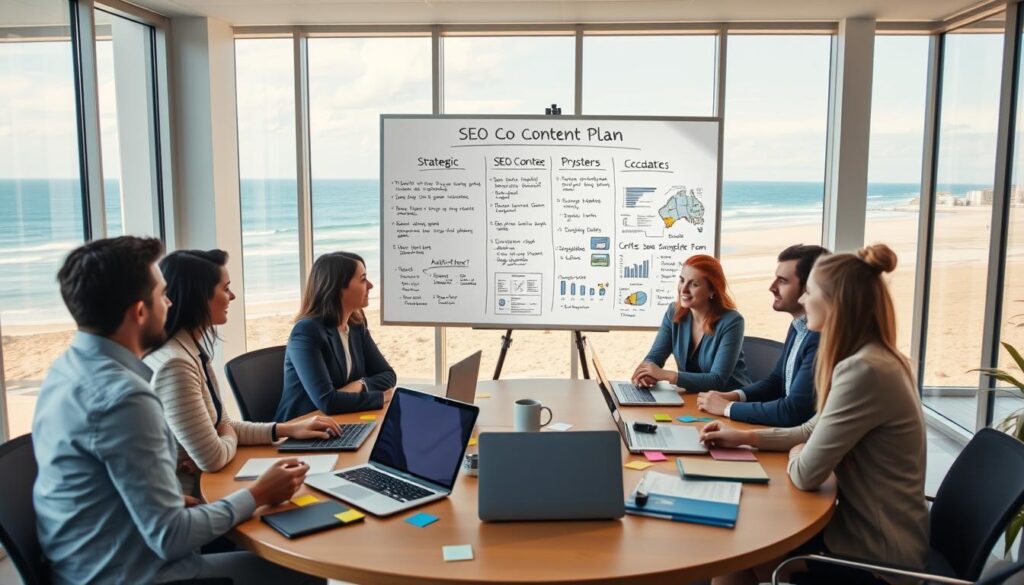 A modern office setting with an Australian coastal view through large windows. In the foreground, a diverse team of professionals in business attire, engaged in a brainstorming session around a round table filled with laptops, notepads, and colorful sticky notes. In the middle ground, a large whiteboard displays a strategic SEO content plan, with charts, keywords, and graphics related to the Australian market. The background features a sunny, vibrant beach landscape, symbolizing growth and opportunities in the digital space. Soft, natural lighting streams in, creating a warm and collaborative atmosphere, emphasizing creativity and teamwork in strategic planning. Camera angle slightly elevated to capture the scene cohesively. A modern office setting with an Australian coastal view through large windows. In the foreground, a diverse team of professionals in business attire, engaged in a brainstorming session around a round table filled with laptops, notepads, and colorful sticky notes. In the middle ground, a large whiteboard displays a strategic SEO content plan, with charts, keywords, and graphics related to the Australian market. The background features a sunny, vibrant beach landscape, symbolizing growth and opportunities in the digital space. Soft, natural lighting streams in, creating a warm and collaborative atmosphere, emphasizing creativity and teamwork in strategic planning. Camera angle slightly elevated to capture the scene cohesively.