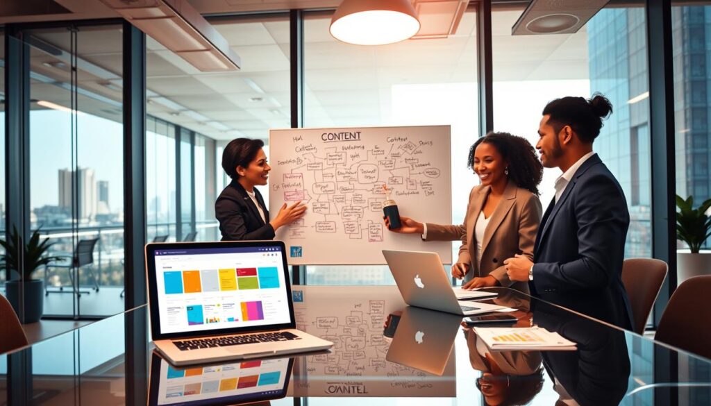 A modern office space filled with vibrant energy, featuring a group of three diverse professionals collaborating over digital content creation tools on a sleek glass table, all dressed in smart business attire. In the foreground, a laptop displays a colorful content calendar and analytics dashboard. In the middle, a whiteboard filled with brainstorming notes and flowcharts showcases ideas for effective content strategies. The background includes large windows with natural light flooding the room, illuminating the creative atmosphere. A cityscape can be seen through the glass, hinting at a bustling hub of activity. The mood is dynamic and focused, emphasizing innovation and teamwork in content generation for service businesses. The lighting is bright and inviting, enhancing the sense of productivity and collaboration. A modern office space filled with vibrant energy, featuring a group of three diverse professionals collaborating over digital content creation tools on a sleek glass table, all dressed in smart business attire. In the foreground, a laptop displays a colorful content calendar and analytics dashboard. In the middle, a whiteboard filled with brainstorming notes and flowcharts showcases ideas for effective content strategies. The background includes large windows with natural light flooding the room, illuminating the creative atmosphere. A cityscape can be seen through the glass, hinting at a bustling hub of activity. The mood is dynamic and focused, emphasizing innovation and teamwork in content generation for service businesses. The lighting is bright and inviting, enhancing the sense of productivity and collaboration.