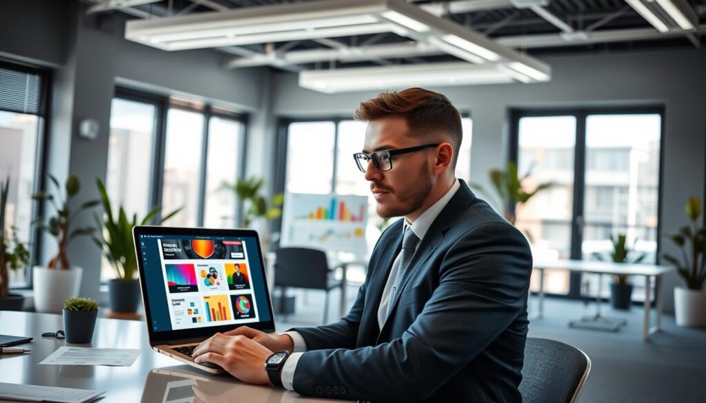 A modern office space in Tarneit, showcasing a sleek web design workspace. In the foreground, a professional designer in business attire is focused on a high-resolution laptop displaying a visually appealing website layout with vibrant colors and interactive elements. The middle ground features a creative brainstorming area with colorful sketches and charts regarding website cost factors. The background reveals large windows with natural light streaming in, illuminating the contemporary design of the office with potted plants enhancing the ambiance. The atmosphere conveys creativity and professionalism, perfect for a business setting. Use soft, natural lighting to create a warm and inviting feel. Aim for a wide-angle perspective that captures both the workspace and the designer's focused expression. A modern office space in Tarneit, showcasing a sleek web design workspace. In the foreground, a professional designer in business attire is focused on a high-resolution laptop displaying a visually appealing website layout with vibrant colors and interactive elements. The middle ground features a creative brainstorming area with colorful sketches and charts regarding website cost factors. The background reveals large windows with natural light streaming in, illuminating the contemporary design of the office with potted plants enhancing the ambiance. The atmosphere conveys creativity and professionalism, perfect for a business setting. Use soft, natural lighting to create a warm and inviting feel. Aim for a wide-angle perspective that captures both the workspace and the designer's focused expression.