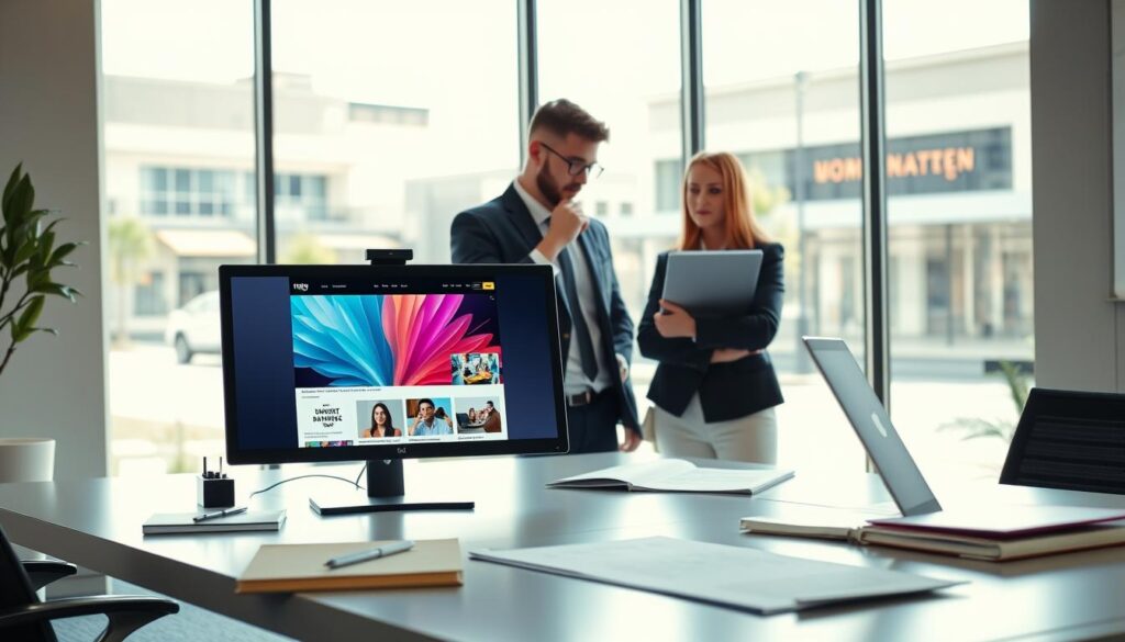 A modern office workspace centered around website design for businesses in Caroline Springs. In the foreground, a sleek desk with a high-tech computer screen displaying a colorful website mockup, accompanied by design tools like a sketchbook and a tablet. In the middle ground, a professional individual, dressed in business attire, thoughtfully examining design elements on the screen, with a focused expression. The background features a large window letting in soft, natural light, revealing a view of Caroline Springs' local business district, enhancing the creative atmosphere. The scene conveys a vibrant, productive mood, ideal for conveying the importance of maintaining an engaging web presence. The lighting is bright and airy, highlighting the freshness of design innovation. The angle is slightly elevated to capture both the workspace and the inspiring view outside. A modern office workspace centered around website design for businesses in Caroline Springs. In the foreground, a sleek desk with a high-tech computer screen displaying a colorful website mockup, accompanied by design tools like a sketchbook and a tablet. In the middle ground, a professional individual, dressed in business attire, thoughtfully examining design elements on the screen, with a focused expression. The background features a large window letting in soft, natural light, revealing a view of Caroline Springs' local business district, enhancing the creative atmosphere. The scene conveys a vibrant, productive mood, ideal for conveying the importance of maintaining an engaging web presence. The lighting is bright and airy, highlighting the freshness of design innovation. The angle is slightly elevated to capture both the workspace and the inspiring view outside.