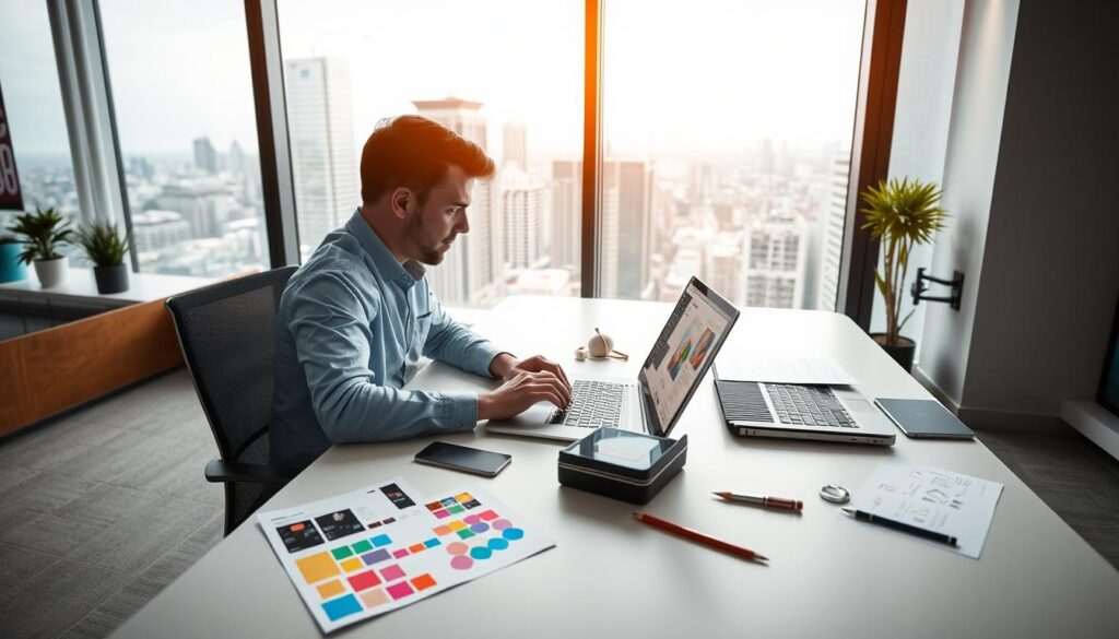 A modern office workspace featuring a professional web designer at a sleek, minimalistic desk. The foreground shows a focused individual, dressed in smart casual attire, intently working on a laptop with design software open, showcasing colorful layouts and user interfaces. In the middle ground, vibrant design elements like color palettes and digital sketches are scattered across the desk, emphasizing creativity and innovation. The background features a large window with a view of a bustling city skyline, symbolizing connectivity and future readiness. Soft, warm lighting bathes the room, creating an inviting atmosphere. The lens perspective captures a slight top-down angle, accentuating the designer's workspace while maintaining a sense of engagement with the viewer. A modern office workspace featuring a professional web designer at a sleek, minimalistic desk. The foreground shows a focused individual, dressed in smart casual attire, intently working on a laptop with design software open, showcasing colorful layouts and user interfaces. In the middle ground, vibrant design elements like color palettes and digital sketches are scattered across the desk, emphasizing creativity and innovation. The background features a large window with a view of a bustling city skyline, symbolizing connectivity and future readiness. Soft, warm lighting bathes the room, creating an inviting atmosphere. The lens perspective captures a slight top-down angle, accentuating the designer's workspace while maintaining a sense of engagement with the viewer.