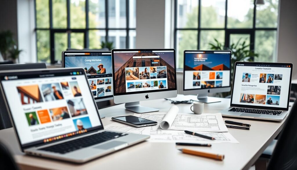 A modern office workspace featuring multiple computer screens displaying various construction company website templates in a clean and professional setting. The foreground includes sleek laptop models showcasing vibrant website designs, with construction themes, color palettes, and user-friendly layouts. In the middle, a stylish desk with architectural blueprints, a tablet, and a notebook contrasts with the digital visuals. The background features large windows allowing natural light to flood the room, enhancing the atmosphere of innovation and creativity. The lighting is bright and inviting, suggesting a productive ambiance. The composition is taken at a slight angle with a shallow depth of field, focusing on the templates while softly blurring the background details, creating a professional and engaging mood suitable for evaluating website options. A modern office workspace featuring multiple computer screens displaying various construction company website templates in a clean and professional setting. The foreground includes sleek laptop models showcasing vibrant website designs, with construction themes, color palettes, and user-friendly layouts. In the middle, a stylish desk with architectural blueprints, a tablet, and a notebook contrasts with the digital visuals. The background features large windows allowing natural light to flood the room, enhancing the atmosphere of innovation and creativity. The lighting is bright and inviting, suggesting a productive ambiance. The composition is taken at a slight angle with a shallow depth of field, focusing on the templates while softly blurring the background details, creating a professional and engaging mood suitable for evaluating website options.