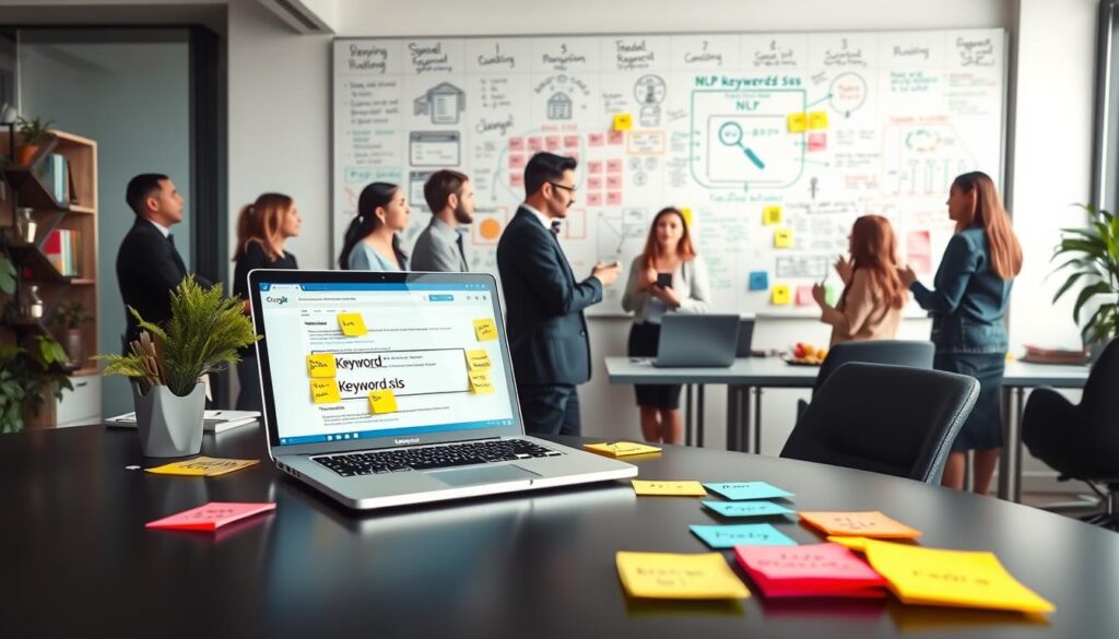 A modern office workspace filled with small business elements, showcasing vibrant visual representations of "NLP keywords." In the foreground, a sleek desk with a laptop open to a keyword research tool, surrounded by colorful sticky notes adorned with relevant phrases. In the middle, a group of diverse professionals in business attire actively discussing strategies, emphasizing collaboration and innovation. The background features a large whiteboard filled with diagrams and NLP concepts, all under soft, natural lighting creating an inspiring atmosphere. The scene is captured from a slightly elevated angle, highlighting both the desk and the discussions, conveying a sense of teamwork and focus on voice search optimization. The overall mood is dynamic, professional, and forward-thinking.