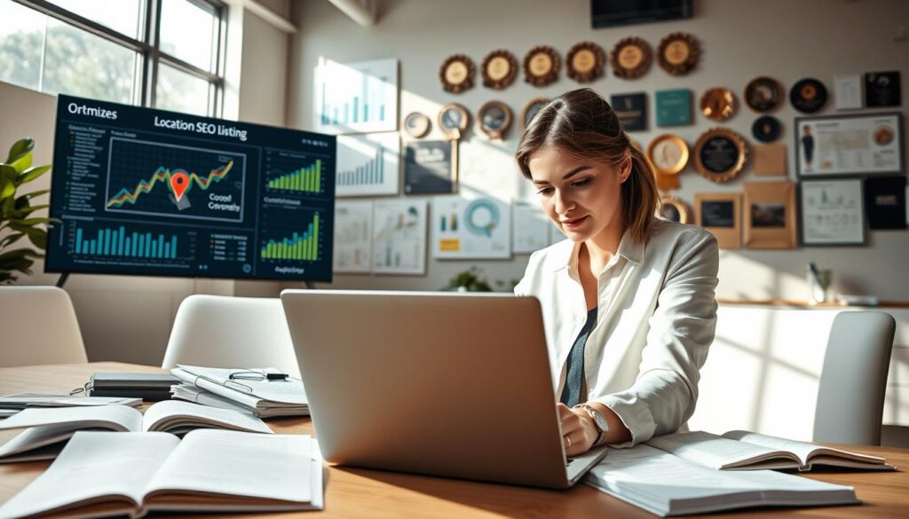 A modern office workspace focused on optimizing a Google Maps listing. In the foreground, a professional businesswoman in smart casual attire examines a laptop displaying a Google Maps interface, surrounded by open notebooks and marketing materials. The middle ground features a large digital screen showing graphs of location analytics and optimization strategies. In the background, a wall adorned with charts and business awards signifies success in local SEO efforts. Natural light streams in from a window, creating a bright, motivating atmosphere. The overall mood is professional yet dynamic, ideal for illustrating advanced local business SEO techniques. The angle is slightly above eye level, capturing both the workspace and elements of digital marketing. A modern office workspace focused on optimizing a Google Maps listing. In the foreground, a professional businesswoman in smart casual attire examines a laptop displaying a Google Maps interface, surrounded by open notebooks and marketing materials. The middle ground features a large digital screen showing graphs of location analytics and optimization strategies. In the background, a wall adorned with charts and business awards signifies success in local SEO efforts. Natural light streams in from a window, creating a bright, motivating atmosphere. The overall mood is professional yet dynamic, ideal for illustrating advanced local business SEO techniques. The angle is slightly above eye level, capturing both the workspace and elements of digital marketing.