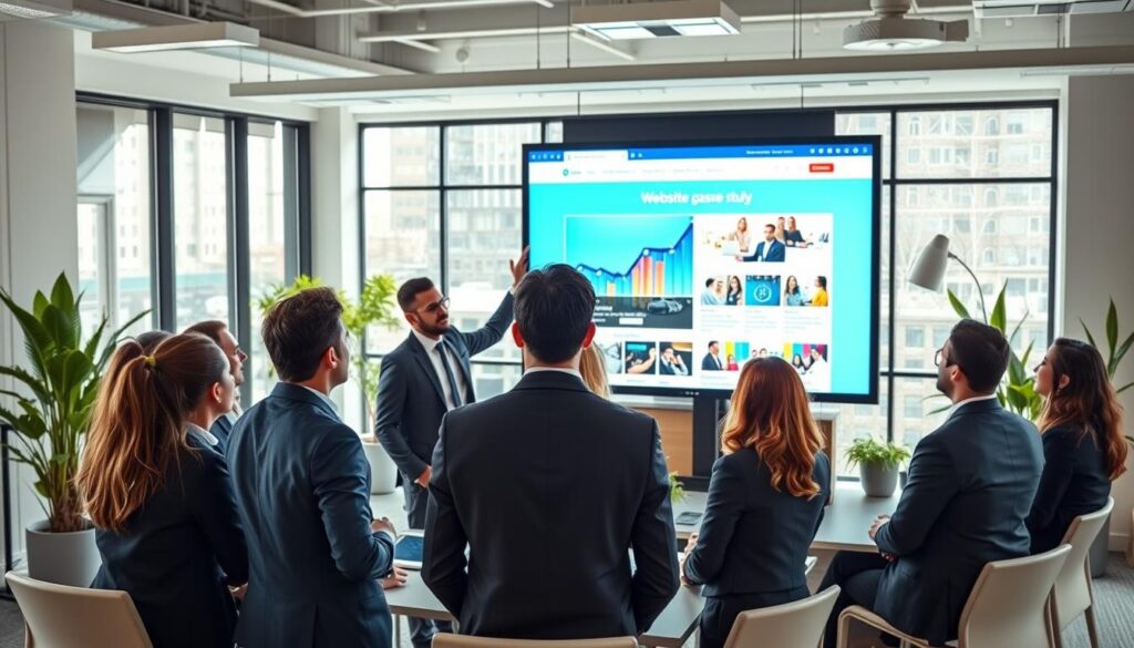 A modern office workspace showcasing a website redesign case study on a large digital screen. In the foreground, a diverse group of professionals in smart business attire are engaged in discussion; one person is pointing at the screen, highlighting key design elements. In the middle, the screen displays a visually appealing website with before-and-after comparisons, featuring vibrant colors and user-friendly navigation. The background includes sleek office furniture, potted plants, and large windows letting in natural light, creating an inviting atmosphere. The lighting is bright yet soft, emphasizing collaboration and creativity in design. The overall mood is focused and innovative, reflecting a productive brainstorming session on impactful design strategies. A modern office workspace showcasing a website redesign case study on a large digital screen. In the foreground, a diverse group of professionals in smart business attire are engaged in discussion; one person is pointing at the screen, highlighting key design elements. In the middle, the screen displays a visually appealing website with before-and-after comparisons, featuring vibrant colors and user-friendly navigation. The background includes sleek office furniture, potted plants, and large windows letting in natural light, creating an inviting atmosphere. The lighting is bright yet soft, emphasizing collaboration and creativity in design. The overall mood is focused and innovative, reflecting a productive brainstorming session on impactful design strategies.