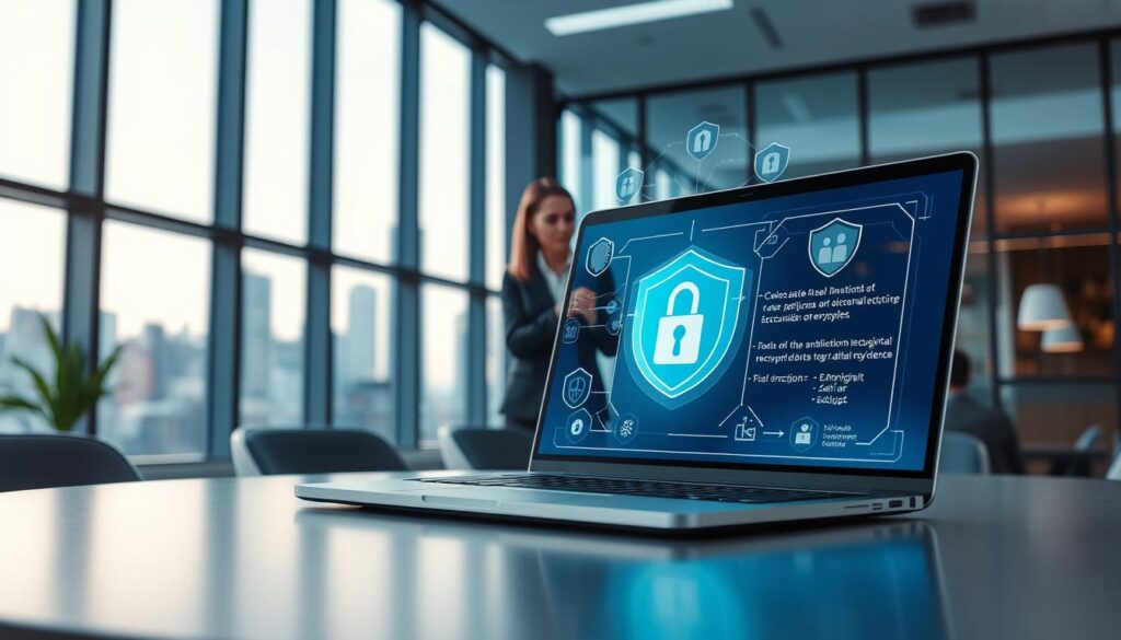 A modern office workspace showcasing technical security features that instill user confidence. In the foreground, a sleek laptop screen displays a secure login interface with biometric authentication (fingerprint and facial recognition), alongside shield icons representing digital protection. In the middle ground, a professional woman in business attire is engaging with a holographic screen, examining security protocols and data encryption measures. The background features a contemporary office with large windows, letting in natural light and showing a city skyline, symbolizing a thriving tech hub. The atmosphere is calm and professional, with cool blue and white lighting enhancing a sense of security and trust, shot from a slightly elevated angle to capture the entire scene. A modern office workspace showcasing technical security features that instill user confidence. In the foreground, a sleek laptop screen displays a secure login interface with biometric authentication (fingerprint and facial recognition), alongside shield icons representing digital protection. In the middle ground, a professional woman in business attire is engaging with a holographic screen, examining security protocols and data encryption measures. The background features a contemporary office with large windows, letting in natural light and showing a city skyline, symbolizing a thriving tech hub. The atmosphere is calm and professional, with cool blue and white lighting enhancing a sense of security and trust, shot from a slightly elevated angle to capture the entire scene.