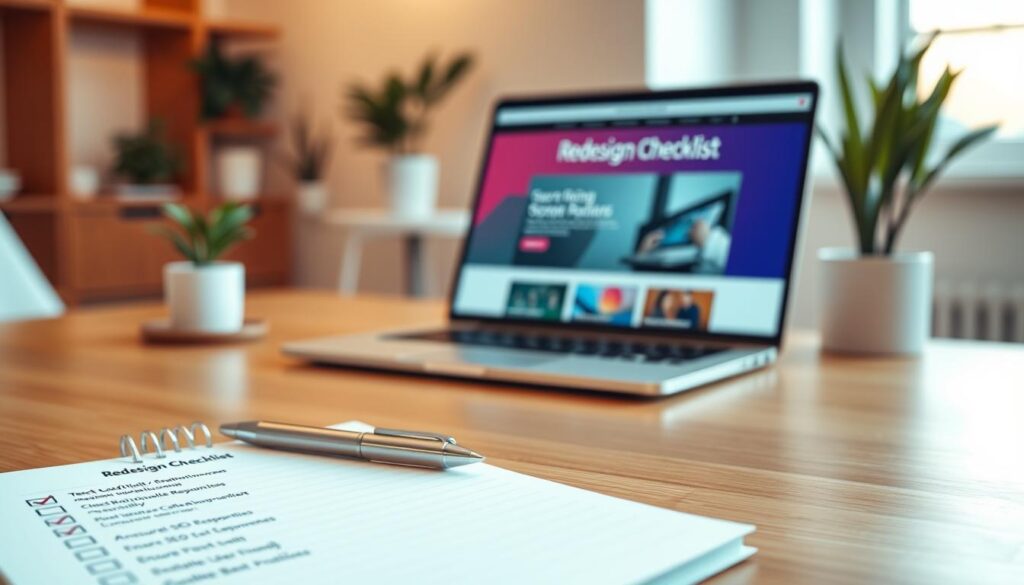 A modern, organized "redesign checklist" displayed prominently on a sleek wooden desk. In the foreground, include a checklist pad with neatly lined items such as "Test Load Speed," "Check Mobile Responsiveness," and "Ensure SEO Best Practices," along with a stylish pen resting beside it. In the middle, place a laptop open to a website preview, showcasing a vibrant and user-friendly design. The background features soft-focus, well-lit office elements like plants and minimalistic decor, creating a professional atmosphere. Use warm, natural lighting to convey productivity and focus, shot at a slight angle to add depth. The overall mood is one of efficiency and clarity, perfect for small businesses reviewing their website redesign. A modern, organized "redesign checklist" displayed prominently on a sleek wooden desk. In the foreground, include a checklist pad with neatly lined items such as "Test Load Speed," "Check Mobile Responsiveness," and "Ensure SEO Best Practices," along with a stylish pen resting beside it. In the middle, place a laptop open to a website preview, showcasing a vibrant and user-friendly design. The background features soft-focus, well-lit office elements like plants and minimalistic decor, creating a professional atmosphere. Use warm, natural lighting to convey productivity and focus, shot at a slight angle to add depth. The overall mood is one of efficiency and clarity, perfect for small businesses reviewing their website redesign.