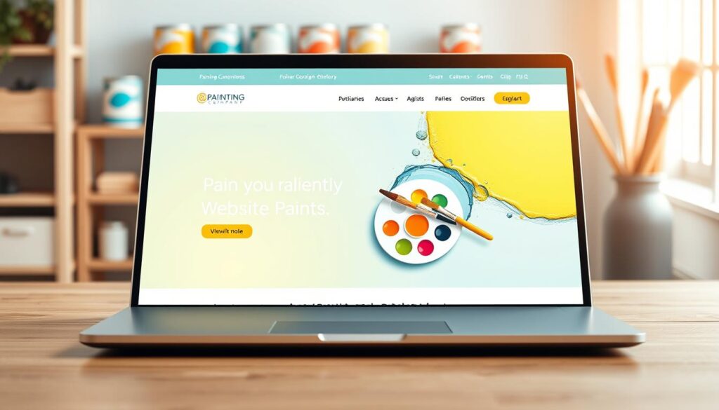 A modern painting company website layout displayed on a sleek laptop, positioned on a wooden desk. The foreground features the laptop screen showcasing a colorful website design with a harmonious color scheme of soft blues and warm yellows, complemented by elegant typography. In the middle, an artist's palette with vibrant paint colors and brushes adds a creative touch, symbolizing the artistic nature of the business. The background is softly blurred, revealing a light-filled workspace with house paint cans and brushes on a shelf, creating a professional yet inviting atmosphere. The lighting is bright and natural, streaming in through a window, enhancing the cheerful mood. The focus is on clean lines and a user-friendly interface, inviting viewers into the world of color selection and font choices. A modern painting company website layout displayed on a sleek laptop, positioned on a wooden desk. The foreground features the laptop screen showcasing a colorful website design with a harmonious color scheme of soft blues and warm yellows, complemented by elegant typography. In the middle, an artist's palette with vibrant paint colors and brushes adds a creative touch, symbolizing the artistic nature of the business. The background is softly blurred, revealing a light-filled workspace with house paint cans and brushes on a shelf, creating a professional yet inviting atmosphere. The lighting is bright and natural, streaming in through a window, enhancing the cheerful mood. The focus is on clean lines and a user-friendly interface, inviting viewers into the world of color selection and font choices.