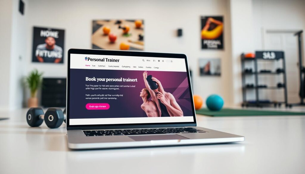 A modern personal trainer website interface displayed on a sleek laptop, set on a bright, well-organized desk in a fitness studio. In the foreground, the laptop screen shows a clean, vibrant website design with sections for booking appointments and secure payment options. The middle ground features fitness-related items, like dumbbells and a yoga mat, subtly hinting at the personal training theme. The background includes a motivational poster and a wall-mounted calendar, enhancing the fitness environment. Soft, diffused lighting creates an inviting atmosphere, emphasizing professionalism and clarity in the website design. The angle captures the laptop at a slight tilt, inviting viewers to engage with the site. A modern personal trainer website interface displayed on a sleek laptop, set on a bright, well-organized desk in a fitness studio. In the foreground, the laptop screen shows a clean, vibrant website design with sections for booking appointments and secure payment options. The middle ground features fitness-related items, like dumbbells and a yoga mat, subtly hinting at the personal training theme. The background includes a motivational poster and a wall-mounted calendar, enhancing the fitness environment. Soft, diffused lighting creates an inviting atmosphere, emphasizing professionalism and clarity in the website design. The angle captures the laptop at a slight tilt, inviting viewers to engage with the site.