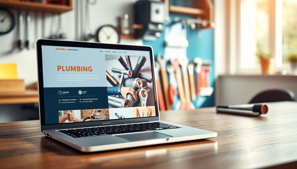 A modern plumber website template showcased on a laptop screen positioned on a stylish, wooden desk. The foreground features the laptop with a vibrant, user-friendly interface displaying plumbing services, contact information, and visually appealing images of plumbing work. In the middle background, a well-organized workspace is visible, including plumbing tools like wrenches and pipes neatly arranged, enhancing the theme of professionalism. Natural light streams in from a window, highlighting the workspace with a warm, inviting glow. The overall atmosphere is one of professionalism and creativity, perfect for attracting potential clients looking for plumbing services. This setting conveys a seamless blend of technology and hands-on trade expertise, encapsulating the essence of a plumbing business in Australia. A modern plumber website template showcased on a laptop screen positioned on a stylish, wooden desk. The foreground features the laptop with a vibrant, user-friendly interface displaying plumbing services, contact information, and visually appealing images of plumbing work. In the middle background, a well-organized workspace is visible, including plumbing tools like wrenches and pipes neatly arranged, enhancing the theme of professionalism. Natural light streams in from a window, highlighting the workspace with a warm, inviting glow. The overall atmosphere is one of professionalism and creativity, perfect for attracting potential clients looking for plumbing services. This setting conveys a seamless blend of technology and hands-on trade expertise, encapsulating the essence of a plumbing business in Australia.