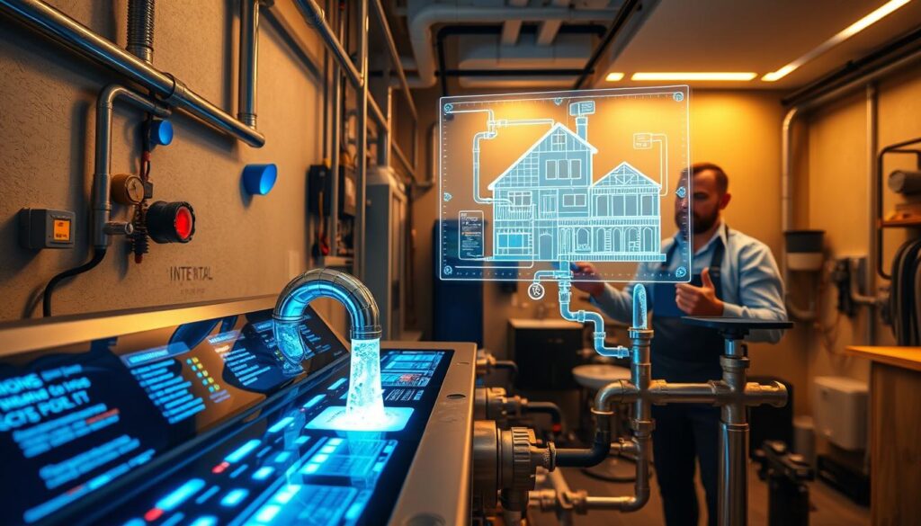 A modern plumbing workshop showcasing innovative technologies. In the foreground, display advanced plumbing tools and smart sensors, with a digital control panel illuminated by soft, cool lighting. In the middle, feature a sleek, futuristic plumbing system with transparent pipes, showcasing water flow in action, and digital gauges displaying pressure and temperature. In the background, a skilled plumber wearing professional attire examines a holographic blueprint of a building’s plumbing layout, under warm recessed lighting that creates an inviting yet high-tech atmosphere. Use a wide-angle lens perspective to encompass the entire scene, emphasizing the blend of traditional craftsmanship and cutting-edge technology in plumbing. A modern plumbing workshop showcasing innovative technologies. In the foreground, display advanced plumbing tools and smart sensors, with a digital control panel illuminated by soft, cool lighting. In the middle, feature a sleek, futuristic plumbing system with transparent pipes, showcasing water flow in action, and digital gauges displaying pressure and temperature. In the background, a skilled plumber wearing professional attire examines a holographic blueprint of a building’s plumbing layout, under warm recessed lighting that creates an inviting yet high-tech atmosphere. Use a wide-angle lens perspective to encompass the entire scene, emphasizing the blend of traditional craftsmanship and cutting-edge technology in plumbing.