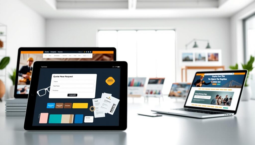 A modern, professional layout of various construction website templates displayed on sleek digital devices such as tablets and laptops. In the foreground, a close-up of a tablet showcasing an interactive quote request form, surrounded by design elements like color palettes and typography samples. The middle ground features additional screens with construction-themed templates highlighting project portfolios and service descriptions. The background is a bright, minimalistic workspace with soft natural lighting filtering in through a large window, creating a productive and inviting atmosphere. The mood is focused and efficient, emphasizing the ease of deployment and user-friendliness of the templates. The scene is devoid of any text or logos to maintain a clean aesthetic. A modern, professional layout of various construction website templates displayed on sleek digital devices such as tablets and laptops. In the foreground, a close-up of a tablet showcasing an interactive quote request form, surrounded by design elements like color palettes and typography samples. The middle ground features additional screens with construction-themed templates highlighting project portfolios and service descriptions. The background is a bright, minimalistic workspace with soft natural lighting filtering in through a large window, creating a productive and inviting atmosphere. The mood is focused and efficient, emphasizing the ease of deployment and user-friendliness of the templates. The scene is devoid of any text or logos to maintain a clean aesthetic.