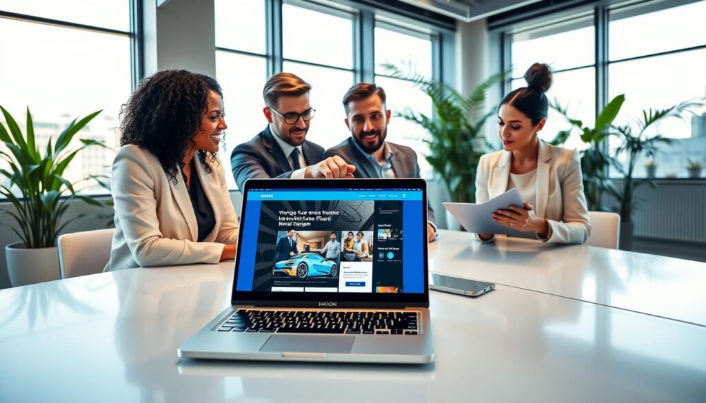 A modern, professional office setting where a diverse team of three individuals, dressed in smart business attire, collaborate around a sleek, high-tech conference table. The foreground features a laptop displaying a vibrant website design, symbolizing the partnership with RH Designs. In the middle, two team members engage in discussion, with one pointing at the laptop screen, while the other takes notes on a digital tablet. The background showcases large windows with natural light pouring in, illuminating the space and creating an inspiring atmosphere. Plants add a touch of greenery, enhancing the mood of creativity and innovation. The lighting is bright but soft, and the angle captures the interaction dynamically, evoking a sense of teamwork and forward-thinking collaboration in digital development. A modern, professional office setting where a diverse team of three individuals, dressed in smart business attire, collaborate around a sleek, high-tech conference table. The foreground features a laptop displaying a vibrant website design, symbolizing the partnership with RH Designs. In the middle, two team members engage in discussion, with one pointing at the laptop screen, while the other takes notes on a digital tablet. The background showcases large windows with natural light pouring in, illuminating the space and creating an inspiring atmosphere. Plants add a touch of greenery, enhancing the mood of creativity and innovation. The lighting is bright but soft, and the angle captures the interaction dynamically, evoking a sense of teamwork and forward-thinking collaboration in digital development.