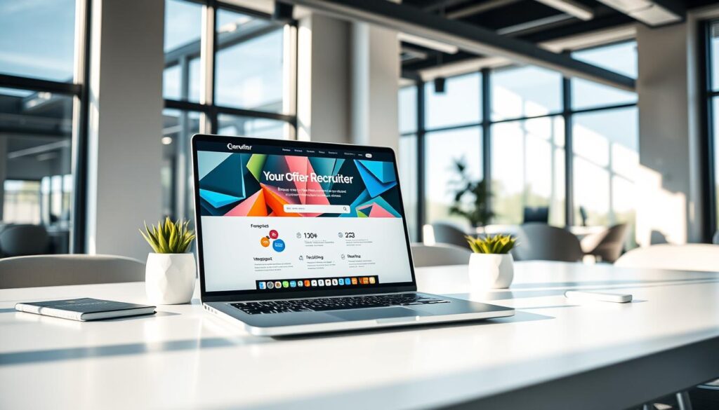 A modern recruiter website interface, prominently displayed on a computer screen set on a sleek, minimalist desk in an elegant office environment. The foreground features a close-up view of the laptop, showcasing an engaging homepage design with a professional layout, vibrant colors, and intuitive navigation elements. In the middle ground, there are elements like a plant and a notepad, enhancing the workspace's aesthetics. The background reveals a well-lit office with large windows, allowing natural light to flood in, creating a welcoming atmosphere. The mood is inspiring and professional, with soft shadows that add depth. A photographer’s lens captures this scene from a slightly elevated angle, emphasizing both the technology of recruitment and the thoughtful design essential in building a compelling talent brand. Safe for work; no people present. A modern recruiter website interface, prominently displayed on a computer screen set on a sleek, minimalist desk in an elegant office environment. The foreground features a close-up view of the laptop, showcasing an engaging homepage design with a professional layout, vibrant colors, and intuitive navigation elements. In the middle ground, there are elements like a plant and a notepad, enhancing the workspace's aesthetics. The background reveals a well-lit office with large windows, allowing natural light to flood in, creating a welcoming atmosphere. The mood is inspiring and professional, with soft shadows that add depth. A photographer’s lens captures this scene from a slightly elevated angle, emphasizing both the technology of recruitment and the thoughtful design essential in building a compelling talent brand. Safe for work; no people present.