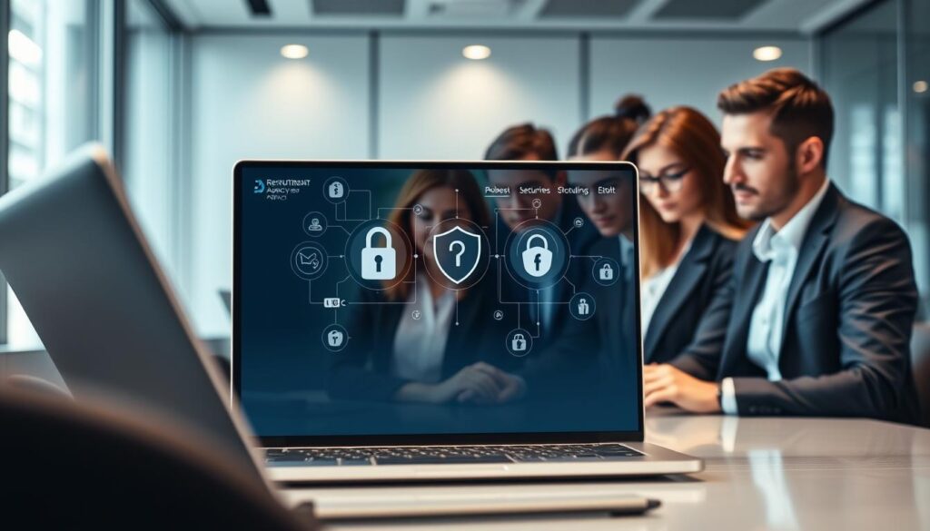 A modern recruitment agency website interface showcasing robust security features, prominently displayed on a laptop screen. In the foreground, a diverse group of professionals in polished business attire, focused on the screen, demonstrating engagement with the online platform. The middle layer includes an intricate visual of security icons like padlocks, shields, and encryption symbols subtly integrated into the website design. The background features a sleek, contemporary office environment with soft, diffused lighting that enhances the sense of professionalism and trust. The image conveys a mood of reliability and innovation, highlighting the importance of security in recruitment processes. Capture this scene from a slightly elevated angle to emphasize both the users and the website interface. A modern recruitment agency website interface showcasing robust security features, prominently displayed on a laptop screen. In the foreground, a diverse group of professionals in polished business attire, focused on the screen, demonstrating engagement with the online platform. The middle layer includes an intricate visual of security icons like padlocks, shields, and encryption symbols subtly integrated into the website design. The background features a sleek, contemporary office environment with soft, diffused lighting that enhances the sense of professionalism and trust. The image conveys a mood of reliability and innovation, highlighting the importance of security in recruitment processes. Capture this scene from a slightly elevated angle to emphasize both the users and the website interface.