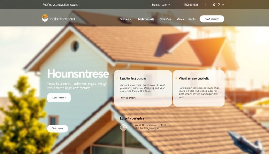 A modern roofing contractor's website layout designed for a professional audience. In the foreground, showcase a sleek, interactive homepage featuring a large hero image of a well-maintained house with a new roof under bright, natural sunlight. In the middle, display sections highlighting services, testimonials, and a visual service portfolio, with clean lines and a user-friendly interface. In the background, incorporate a blurred image of a construction site and roofing materials, emphasizing industry relevance. Use warm, inviting colors to create a trusted atmosphere, with soft, even lighting that enhances web elements. The image should evoke a sense of professionalism and reliability, suitable for a roofing design guide. A modern roofing contractor's website layout designed for a professional audience. In the foreground, showcase a sleek, interactive homepage featuring a large hero image of a well-maintained house with a new roof under bright, natural sunlight. In the middle, display sections highlighting services, testimonials, and a visual service portfolio, with clean lines and a user-friendly interface. In the background, incorporate a blurred image of a construction site and roofing materials, emphasizing industry relevance. Use warm, inviting colors to create a trusted atmosphere, with soft, even lighting that enhances web elements. The image should evoke a sense of professionalism and reliability, suitable for a roofing design guide.