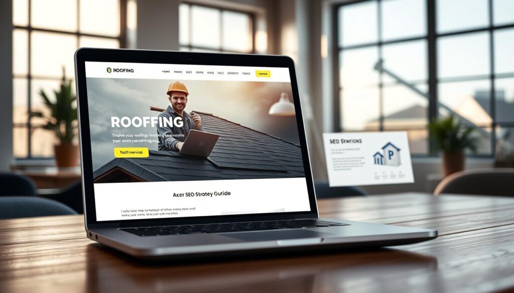 A modern roofing website interface displayed on a sleek laptop lying on a wooden desk. In the foreground, the laptop screen showcases a visually appealing homepage design with an eye-catching hero image of a roofer at work, emphasizing craftsmanship and professionalism. In the middle, a stylish, organized layout is revealed, featuring sections for services, testimonials, and an SEO strategy guide visual, such as a graph or checklist. In the background, a bright and airy office environment with natural light streaming through large windows, casting soft shadows. The mood is professional and inspiring, suggesting growth and innovation in the roofing industry, with a focal point angle that highlights the laptop's screen. No text or branding appears in the image. A modern roofing website interface displayed on a sleek laptop lying on a wooden desk. In the foreground, the laptop screen showcases a visually appealing homepage design with an eye-catching hero image of a roofer at work, emphasizing craftsmanship and professionalism. In the middle, a stylish, organized layout is revealed, featuring sections for services, testimonials, and an SEO strategy guide visual, such as a graph or checklist. In the background, a bright and airy office environment with natural light streaming through large windows, casting soft shadows. The mood is professional and inspiring, suggesting growth and innovation in the roofing industry, with a focal point angle that highlights the laptop's screen. No text or branding appears in the image.