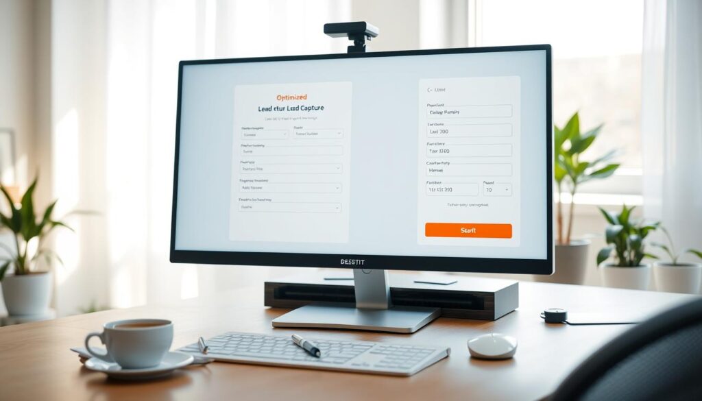 A modern, sleek desktop workspace showcases a computer screen displaying an optimized online lead capture form. In the foreground, a well-organized desk with a notepad, a pen, and a cup of coffee emphasizes productivity. The middle ground features a close-up of the vibrant and user-friendly online form, highlighting elements like dropdown menus, clear call-to-action buttons, and streamlined input fields, all designed to enhance user experience. In the background, a softly lit room with natural light filtering in through a window creates a warm atmosphere, while potted plants add a touch of greenery. The overall mood is one of professionalism and focus, captured from a slight bird's-eye view angle to illustrate both form and context effectively. A modern, sleek desktop workspace showcases a computer screen displaying an optimized online lead capture form. In the foreground, a well-organized desk with a notepad, a pen, and a cup of coffee emphasizes productivity. The middle ground features a close-up of the vibrant and user-friendly online form, highlighting elements like dropdown menus, clear call-to-action buttons, and streamlined input fields, all designed to enhance user experience. In the background, a softly lit room with natural light filtering in through a window creates a warm atmosphere, while potted plants add a touch of greenery. The overall mood is one of professionalism and focus, captured from a slight bird's-eye view angle to illustrate both form and context effectively.