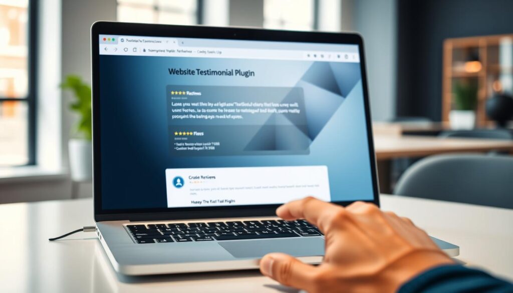 A modern, sleek laptop displaying a website testimonial plugin interface on the screen, with a glowing, user-friendly design featuring customer reviews. In the foreground, a hand is shown interacting with the laptop's touchpad, emphasizing a professional atmosphere. In the middle background, a blurred office setting with soft light coming from a window, creating a warm, inviting mood. The overall color palette features calming blues and whites, enhancing the sense of professionalism and reliability. The scene is photographed at a slight angle to give depth, with soft shadows adding dimension. The lighting is bright yet diffused, suggesting a productive work environment. No text or overlays present. A modern, sleek laptop displaying a website testimonial plugin interface on the screen, with a glowing, user-friendly design featuring customer reviews. In the foreground, a hand is shown interacting with the laptop's touchpad, emphasizing a professional atmosphere. In the middle background, a blurred office setting with soft light coming from a window, creating a warm, inviting mood. The overall color palette features calming blues and whites, enhancing the sense of professionalism and reliability. The scene is photographed at a slight angle to give depth, with soft shadows adding dimension. The lighting is bright yet diffused, suggesting a productive work environment. No text or overlays present.