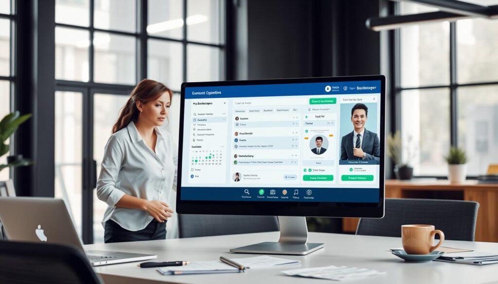 A modern, sleek office environment featuring a computer screen displaying an automated booking and consultation system for bookkeepers. In the foreground, a professional-looking bookkeeper, dressed in business attire, is interacting with the software, showcasing user-friendly interface elements like calendars, scheduling options, and video consultation features. In the middle ground, various office elements like a desk with a laptop, financial documents, and a coffee cup create a productive atmosphere. The background includes bright, natural lighting from large windows, highlighting a clean and organized workspace. The mood is efficient and innovative, reflecting the integration of technology in financial services, emphasizing ease of use and professionalism. A modern, sleek office environment featuring a computer screen displaying an automated booking and consultation system for bookkeepers. In the foreground, a professional-looking bookkeeper, dressed in business attire, is interacting with the software, showcasing user-friendly interface elements like calendars, scheduling options, and video consultation features. In the middle ground, various office elements like a desk with a laptop, financial documents, and a coffee cup create a productive atmosphere. The background includes bright, natural lighting from large windows, highlighting a clean and organized workspace. The mood is efficient and innovative, reflecting the integration of technology in financial services, emphasizing ease of use and professionalism.