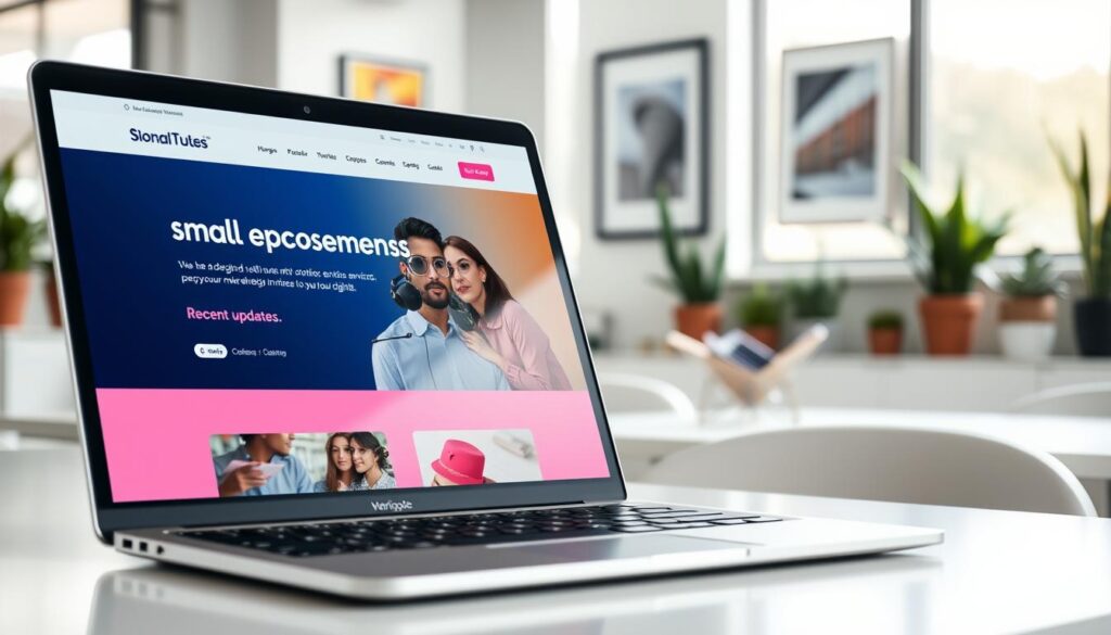 A modern, sleek small business website displayed on a laptop in a bright, well-organized office setting in Werribee. In the foreground, the laptop screen shows an engaging homepage design with vibrant colors and clear visuals, showcasing maintenance services and recent updates. The middle layer features a person in professional attire, focused on the screen, taking notes and appearing contemplative about digital strategy. The background is softly blurred, highlighting a contemporary office environment with potted plants and framed artworks reflecting local culture. Soft natural lighting streams through a large window, creating an inviting atmosphere that emphasizes productivity and innovation. The image conveys a sense of professionalism and the importance of keeping a website current and well-maintained. A modern, sleek small business website displayed on a laptop in a bright, well-organized office setting in Werribee. In the foreground, the laptop screen shows an engaging homepage design with vibrant colors and clear visuals, showcasing maintenance services and recent updates. The middle layer features a person in professional attire, focused on the screen, taking notes and appearing contemplative about digital strategy. The background is softly blurred, highlighting a contemporary office environment with potted plants and framed artworks reflecting local culture. Soft natural lighting streams through a large window, creating an inviting atmosphere that emphasizes productivity and innovation. The image conveys a sense of professionalism and the importance of keeping a website current and well-maintained.
