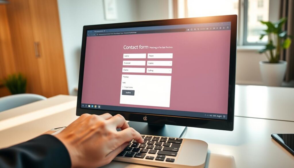 A modern, sleek website contact form displayed on a high-resolution computer screen, set on a clean, professional desk. The form features fields designed for user input, showcasing best practices such as CAPTCHA, dropdown menus, and clear user guidance. In the foreground, a pair of hands in professional attire are poised over a keyboard, ready to submit the form. The middle ground highlights an illuminated screen with a pleasing interface, incorporating vibrant colors and intuitive design elements. The background is a softly blurred office environment, with natural light streaming through a window, creating a warm and inviting atmosphere that emphasizes a sense of security and trust. Capture this scene from a slightly elevated angle to provide depth and engagement. A modern, sleek website contact form displayed on a high-resolution computer screen, set on a clean, professional desk. The form features fields designed for user input, showcasing best practices such as CAPTCHA, dropdown menus, and clear user guidance. In the foreground, a pair of hands in professional attire are poised over a keyboard, ready to submit the form. The middle ground highlights an illuminated screen with a pleasing interface, incorporating vibrant colors and intuitive design elements. The background is a softly blurred office environment, with natural light streaming through a window, creating a warm and inviting atmosphere that emphasizes a sense of security and trust. Capture this scene from a slightly elevated angle to provide depth and engagement.