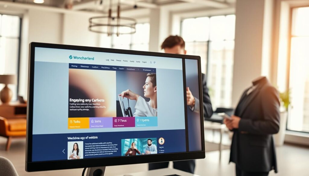 A modern, sleek website design displayed on a high-resolution monitor in a well-lit, stylish office environment. In the foreground, a computer shows an engaging homepage with vibrant colors, eye-catching images, and an intuitive layout featuring visual elements such as buttons, sliders, and icons. In the middle ground, a professional looking person in business attire reviews the website with a focused expression, enhancing the sense of usability. The background features a tasteful arrangement of contemporary office decor with soft natural light streaming through large windows, creating a warm and inviting atmosphere. The composition should emphasize visual appeal and professionalism, with a soft depth of field focusing on the website display while the surroundings remain slightly blurred. A modern, sleek website design displayed on a high-resolution monitor in a well-lit, stylish office environment. In the foreground, a computer shows an engaging homepage with vibrant colors, eye-catching images, and an intuitive layout featuring visual elements such as buttons, sliders, and icons. In the middle ground, a professional looking person in business attire reviews the website with a focused expression, enhancing the sense of usability. The background features a tasteful arrangement of contemporary office decor with soft natural light streaming through large windows, creating a warm and inviting atmosphere. The composition should emphasize visual appeal and professionalism, with a soft depth of field focusing on the website display while the surroundings remain slightly blurred.