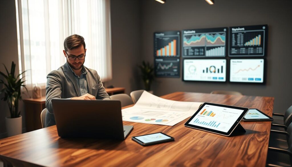 A modern, sleek workspace showcasing a digital e-commerce strategy session. In the foreground, a confident business owner in smart casual attire analyzes data on a laptop, their face lit by the glowing screen. The middle ground features an elegant wooden table with blueprints, charts, and digital mockups of a website layout displayed on tablets. In the background, a large wall-mounted monitor illustrates key performance indicators and online sales graphs, bathed in soft, ambient lighting that creates a focused atmosphere. The overall scene is professional and inviting, emphasizing the importance of e-commerce functionality for small businesses. The perspective is slightly elevated, giving a comprehensive view of the workspace's organized yet dynamic environment. A modern, sleek workspace showcasing a digital e-commerce strategy session. In the foreground, a confident business owner in smart casual attire analyzes data on a laptop, their face lit by the glowing screen. The middle ground features an elegant wooden table with blueprints, charts, and digital mockups of a website layout displayed on tablets. In the background, a large wall-mounted monitor illustrates key performance indicators and online sales graphs, bathed in soft, ambient lighting that creates a focused atmosphere. The overall scene is professional and inviting, emphasizing the importance of e-commerce functionality for small businesses. The perspective is slightly elevated, giving a comprehensive view of the workspace's organized yet dynamic environment.