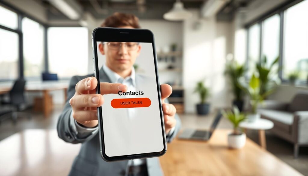 A modern smartphone displaying a user-friendly website interface featuring a prominently placed sticky contact button. In the foreground, the smartphone is held by a professional-looking person dressed in smart casual attire, their fingers poised over the button, emphasizing interaction. The middle ground shows a blurred tech workspace with a minimalist desk and a laptop, hinting at a digital environment. In the background, a softly lit office scene with sleek furniture and plants creates a welcoming atmosphere, reinforcing the theme of web optimization. Utilize bright, natural lighting to emphasize clarity and functionality, captured with a slight tilt-angle to draw focus to the interaction with the smartphone. The overall mood is professional and inviting, emphasizing ease of use and accessibility in mobile design. A modern smartphone displaying a user-friendly website interface featuring a prominently placed sticky contact button. In the foreground, the smartphone is held by a professional-looking person dressed in smart casual attire, their fingers poised over the button, emphasizing interaction. The middle ground shows a blurred tech workspace with a minimalist desk and a laptop, hinting at a digital environment. In the background, a softly lit office scene with sleek furniture and plants creates a welcoming atmosphere, reinforcing the theme of web optimization. Utilize bright, natural lighting to emphasize clarity and functionality, captured with a slight tilt-angle to draw focus to the interaction with the smartphone. The overall mood is professional and inviting, emphasizing ease of use and accessibility in mobile design.