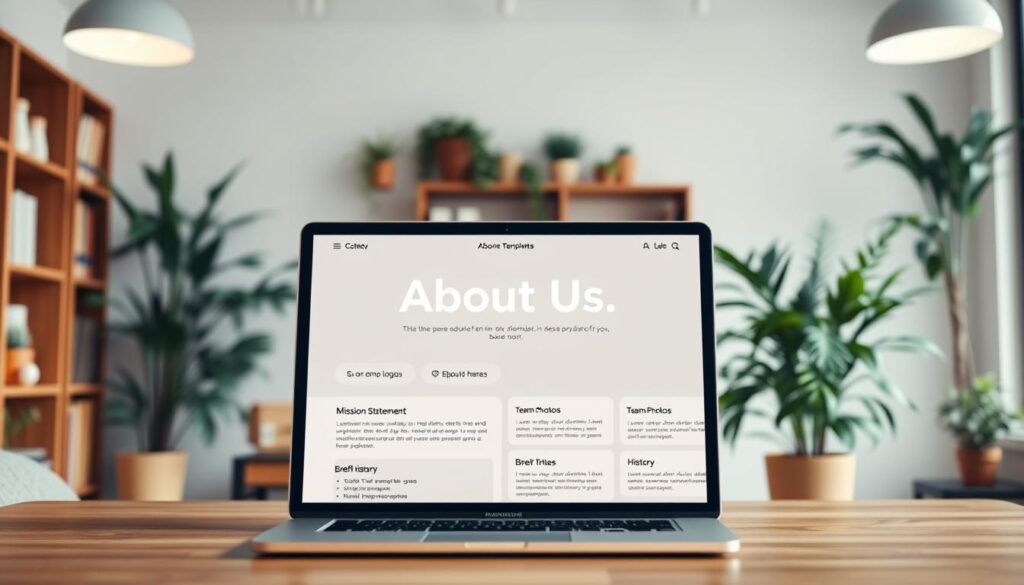 A modern, visually appealing "About Us" page template prominently displayed in the foreground, featuring sections for a company logo, mission statement, team photos, and a brief history. The middle ground includes a computer or tablet showcasing this template, with an elegant design that incorporates soft pastel colors and organized text boxes. The background features a cozy, well-lit office environment with plants and bookshelves, creating a warm and inviting atmosphere. The scene is illuminated with soft, diffused lighting to convey professionalism and approachability. The angle is slightly overhead to capture the essence of the template's layout. No people are depicted, ensuring a clean focus on the template itself, ideal for illustrating essential elements of an effective "About Us" page. A modern, visually appealing "About Us" page template prominently displayed in the foreground, featuring sections for a company logo, mission statement, team photos, and a brief history. The middle ground includes a computer or tablet showcasing this template, with an elegant design that incorporates soft pastel colors and organized text boxes. The background features a cozy, well-lit office environment with plants and bookshelves, creating a warm and inviting atmosphere. The scene is illuminated with soft, diffused lighting to convey professionalism and approachability. The angle is slightly overhead to capture the essence of the template's layout. No people are depicted, ensuring a clean focus on the template itself, ideal for illustrating essential elements of an effective "About Us" page.