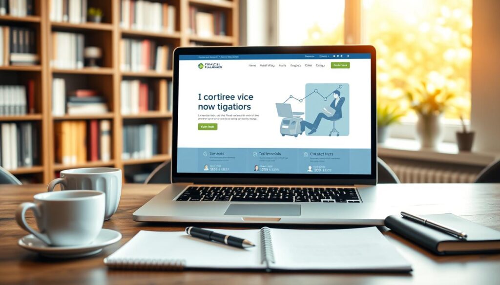 A modern, visually appealing financial planner website design displayed on a sleek laptop on a stylish wooden desk. The foreground features an organized workspace with a cup of coffee, a notepad, and a pen, emphasizing professionalism. In the middle, the laptop screen showcases a clean, interactive web interface designed for financial services, with sections for services, testimonials, and contact information, all in a harmonious color palette of blues and greens. The background includes a soft-focus bookshelf filled with finance-related books and an atmospheric window allowing warm, natural light to flood the scene. The mood is inviting and professional, conveying a sense of trust and competence in financial planning. Avoid any clutter, ensuring the focus remains on the compelling web design without any distractions.