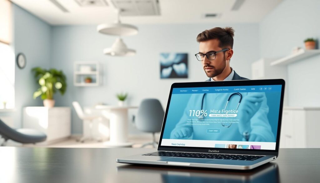 A modern, visually appealing website design for a dental practice, prominently featuring a soothing blue and white color scheme that conveys cleanliness and professionalism. In the foreground, a sleek laptop displays the website homepage with clean lines, intuitive navigation, and attractive dental imagery. The middle layer showcases a professional dentist in business attire, analyzing the website design with a thoughtful expression, reflecting a commitment to quality. The background features a bright, welcoming dental office environment with contemporary decor and dental tools subtly arranged. Soft, natural lighting casts a calming atmosphere, enhancing the fresh and inviting feel of the scene. Emphasize harmony in branding elements and color choices, celebrating a balance of professionalism and approachability.
