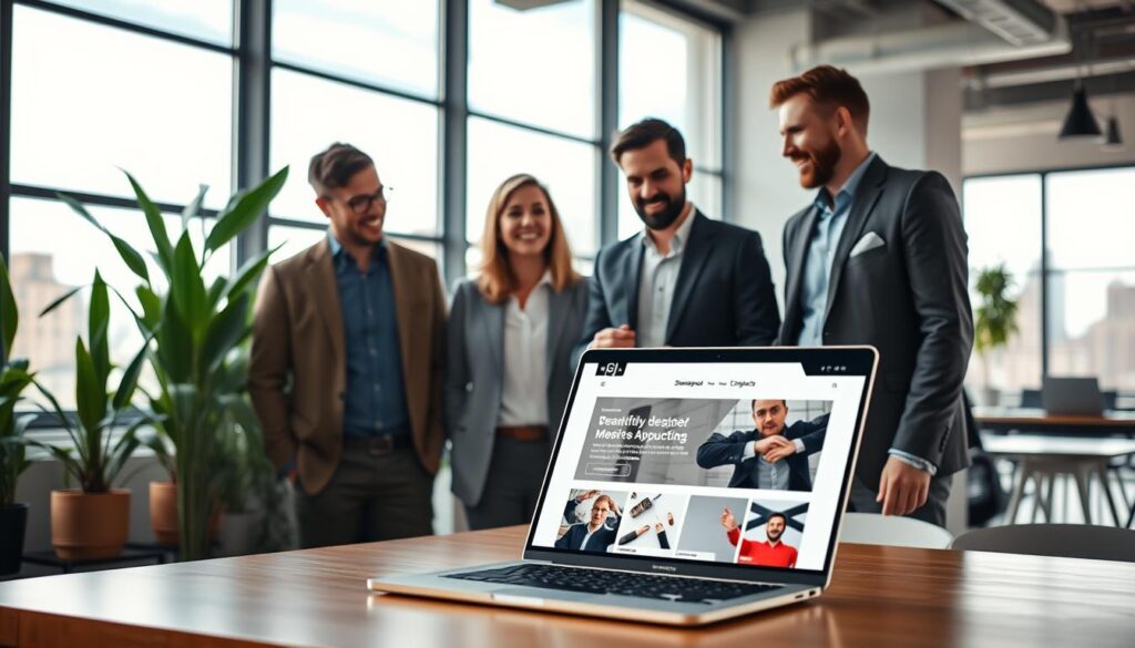 A modern, visually engaging office environment showcasing Squarespace as a website platform. In the foreground, a laptop displaying a beautifully designed Squarespace website with dynamic layouts. The middle ground features a diverse group of three professionals—two men and one woman—dressed in smart casual attire, discussing the website's features and cost with enthusiasm. The background reveals a bright, open workspace with large windows letting in natural light, plants for a touch of greenery, and a view of a city skyline. The overall mood is collaborative and innovative, emphasizing the importance of design and technology in small businesses, captured with a warm, inviting color palette and a slight soft focus. The composition should suggest a sense of modern entrepreneurship. A modern, visually engaging office environment showcasing Squarespace as a website platform. In the foreground, a laptop displaying a beautifully designed Squarespace website with dynamic layouts. The middle ground features a diverse group of three professionals—two men and one woman—dressed in smart casual attire, discussing the website's features and cost with enthusiasm. The background reveals a bright, open workspace with large windows letting in natural light, plants for a touch of greenery, and a view of a city skyline. The overall mood is collaborative and innovative, emphasizing the importance of design and technology in small businesses, captured with a warm, inviting color palette and a slight soft focus. The composition should suggest a sense of modern entrepreneurship.