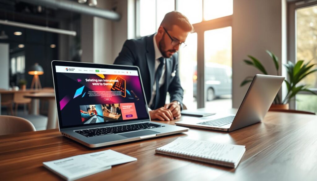 A modern web design proposal displayed prominently on a sleek wooden desk. The foreground features an open laptop showcasing a vibrant, interactive website mockup, alongside stylish business cards and a notepad with handwritten notes. In the middle ground, a well-dressed professional, wearing a tailored suit, leans slightly towards the laptop, discussing the proposal with a focused expression. In the background, a softly blurred office environment with large windows allowing natural light to flood in, illuminating the space with a warm glow. The atmosphere is professional yet inviting, conveying a sense of collaboration and creativity. The camera angle is slightly above the desk level, providing an engaging view of the proposal details while keeping the focus on the individual. A modern web design proposal displayed prominently on a sleek wooden desk. The foreground features an open laptop showcasing a vibrant, interactive website mockup, alongside stylish business cards and a notepad with handwritten notes. In the middle ground, a well-dressed professional, wearing a tailored suit, leans slightly towards the laptop, discussing the proposal with a focused expression. In the background, a softly blurred office environment with large windows allowing natural light to flood in, illuminating the space with a warm glow. The atmosphere is professional yet inviting, conveying a sense of collaboration and creativity. The camera angle is slightly above the desk level, providing an engaging view of the proposal details while keeping the focus on the individual.