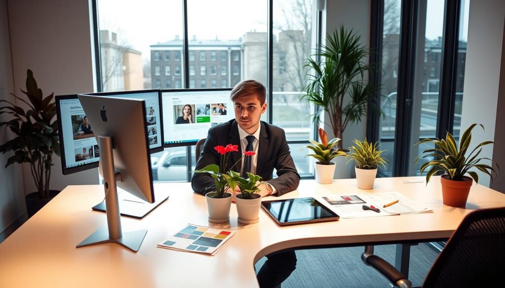 A modern web designer in a stylish, contemporary office in St Albans, focused on creating an SEO-friendly website. In the foreground, a young professional, dressed in smart business attire, sits at a sleek desk with two monitors displaying website designs. The middle section shows vibrant plants and design materials, including color swatches and wireframes, with a digital tablet on the desk. The background features large windows allowing natural light to spill in, enhancing the creative atmosphere. The lighting is bright yet soft, creating a welcoming and productive environment. The overall mood is innovative and professional, capturing the essence of web design focused on usability and SEO principles. A modern web designer in a stylish, contemporary office in St Albans, focused on creating an SEO-friendly website. In the foreground, a young professional, dressed in smart business attire, sits at a sleek desk with two monitors displaying website designs. The middle section shows vibrant plants and design materials, including color swatches and wireframes, with a digital tablet on the desk. The background features large windows allowing natural light to spill in, enhancing the creative atmosphere. The lighting is bright yet soft, creating a welcoming and productive environment. The overall mood is innovative and professional, capturing the essence of web design focused on usability and SEO principles.