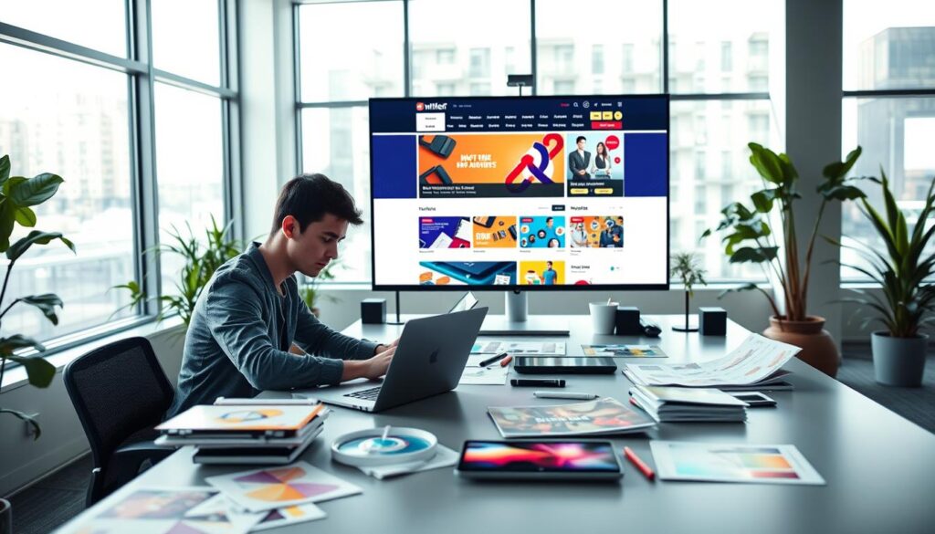 A modern web designer seated at a sleek desk in a bright, contemporary office in Werribee. In the foreground, the designer, dressed in smart casual attire, is intently working on a laptop, surrounded by an array of colorful design sketches and digital tablets. The middle layer features a large monitor displaying a vibrant website layout, showcasing elements like menus, images, and typography, suggesting an active design process. In the background, large windows let in soft, natural light, with plants adding a touch of greenery. The atmosphere is creative and focused, reflecting the innovative spirit of web design. The angle captures both the designer’s concentration and the bustling, modern office environment. A modern web designer seated at a sleek desk in a bright, contemporary office in Werribee. In the foreground, the designer, dressed in smart casual attire, is intently working on a laptop, surrounded by an array of colorful design sketches and digital tablets. The middle layer features a large monitor displaying a vibrant website layout, showcasing elements like menus, images, and typography, suggesting an active design process. In the background, large windows let in soft, natural light, with plants adding a touch of greenery. The atmosphere is creative and focused, reflecting the innovative spirit of web design. The angle captures both the designer’s concentration and the bustling, modern office environment.
