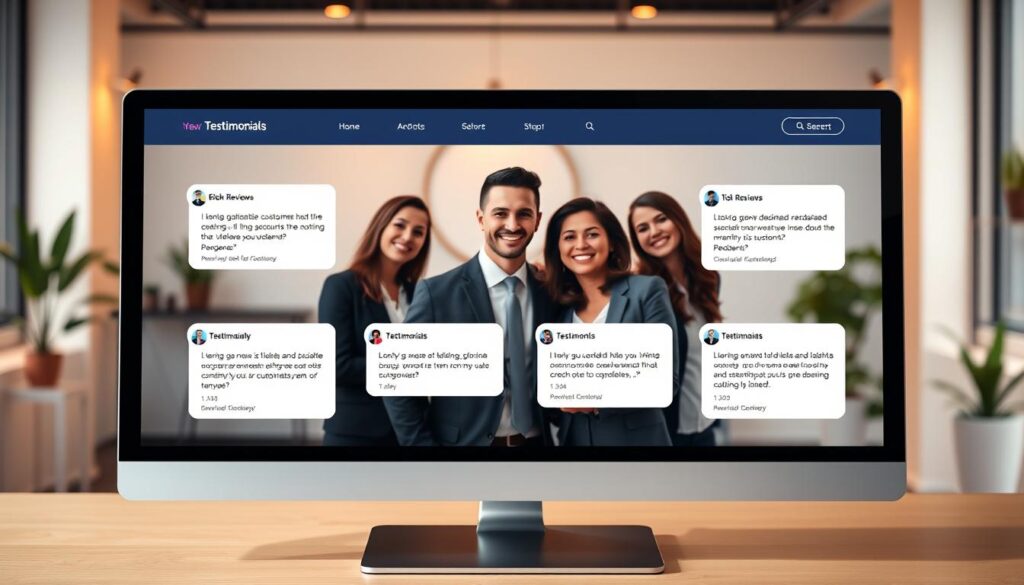 A modern website testimonial design displayed on a sleek digital interface. The foreground features a well-designed section showcasing glowing reviews from satisfied customers. Each testimonial is presented inside elegant cards with rounded corners, vibrant colors, and subtle shadows. In the middle, a professional, diverse group of individuals in business attire is depicted, smiling and engaging with the testimonials. The background displays a minimalistic office environment, with soft-focus elements like a stylish desk and indoor plants, creating a welcoming atmosphere. Warm lighting enhances the friendliness of the scene, while a slight depth of field draws attention to the testimonials. The overall mood is positive and inviting, emphasizing trust and authenticity in customer feedback. A modern website testimonial design displayed on a sleek digital interface. The foreground features a well-designed section showcasing glowing reviews from satisfied customers. Each testimonial is presented inside elegant cards with rounded corners, vibrant colors, and subtle shadows. In the middle, a professional, diverse group of individuals in business attire is depicted, smiling and engaging with the testimonials. The background displays a minimalistic office environment, with soft-focus elements like a stylish desk and indoor plants, creating a welcoming atmosphere. Warm lighting enhances the friendliness of the scene, while a slight depth of field draws attention to the testimonials. The overall mood is positive and inviting, emphasizing trust and authenticity in customer feedback.