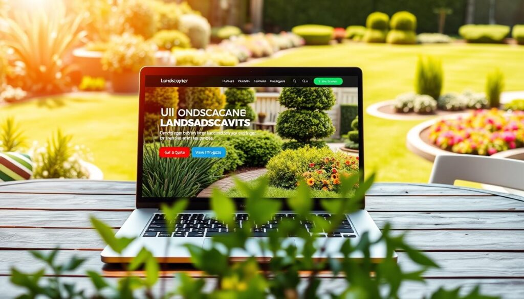 A modern, well-designed landscaper website interface displayed on a sleek laptop on a wooden garden table. The screen prominently features vibrant, user-friendly call to action buttons: "Get a Quote," "Schedule a Consultation," and "View Projects," each with contrasting colors that invite interaction. In the foreground, lush plants and a beautiful garden setup create an inviting atmosphere, symbolizing the landscaping theme. In the middle, the laptop captures natural light, highlighting its polished surface and the vivid colors of the website. In the background, a sunlit garden with a neatly trimmed lawn and colorful flower beds enhances the serene environment. The overall mood is professional yet welcoming, ideal for attracting potential clients in the landscaping industry. A modern, well-designed landscaper website interface displayed on a sleek laptop on a wooden garden table. The screen prominently features vibrant, user-friendly call to action buttons: "Get a Quote," "Schedule a Consultation," and "View Projects," each with contrasting colors that invite interaction. In the foreground, lush plants and a beautiful garden setup create an inviting atmosphere, symbolizing the landscaping theme. In the middle, the laptop captures natural light, highlighting its polished surface and the vivid colors of the website. In the background, a sunlit garden with a neatly trimmed lawn and colorful flower beds enhances the serene environment. The overall mood is professional yet welcoming, ideal for attracting potential clients in the landscaping industry.