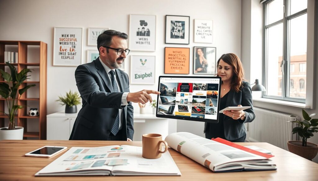 A modern, well-lit office space filled with design elements, showcasing a web designer and a client engaged in a discussion. In the foreground, the web designer, dressed in professional business attire, is pointing at a laptop screen displaying a colorful website portfolio filled with various project thumbnails. The client, also in business attire, looks on attentively, taking notes on a notepad. In the middle, an open sketchbook with design layouts, color swatches, and a coffee mug are visible. The background features a wall adorned with framed prints of successful websites and inspirational design quotes. Soft natural light filters through a large window, creating a warm and inviting atmosphere that conveys collaboration and creativity. Focus on clear details and expressions that reflect a professional inquiry into design expertise. A modern, well-lit office space filled with design elements, showcasing a web designer and a client engaged in a discussion. In the foreground, the web designer, dressed in professional business attire, is pointing at a laptop screen displaying a colorful website portfolio filled with various project thumbnails. The client, also in business attire, looks on attentively, taking notes on a notepad. In the middle, an open sketchbook with design layouts, color swatches, and a coffee mug are visible. The background features a wall adorned with framed prints of successful websites and inspirational design quotes. Soft natural light filters through a large window, creating a warm and inviting atmosphere that conveys collaboration and creativity. Focus on clear details and expressions that reflect a professional inquiry into design expertise.