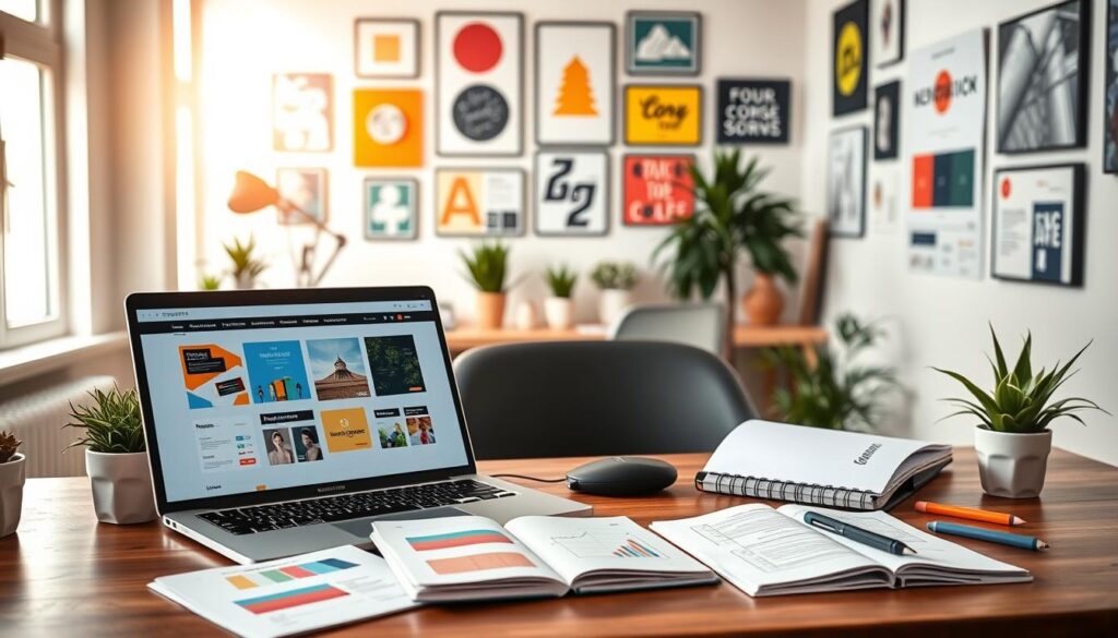 A modern work desk showcasing a vibrant website design case study. In the foreground, an open laptop displays an engaging website layout, featuring colorful charts and mockups. Beside the laptop, a notebook with design sketches and a set of graphic design tools adds to the creative atmosphere. In the middle ground, a stylish office chair and potted plants create a warm, inviting space. The background is filled with wall art depicting inspirational design elements, such as color palettes and typography examples. The lighting is bright and natural, streaming in from a nearby window, enhancing the creative vibe. The composition conveys a sense of professionalism and innovation, perfect for illustrating essential elements of a website case study template. A modern work desk showcasing a vibrant website design case study. In the foreground, an open laptop displays an engaging website layout, featuring colorful charts and mockups. Beside the laptop, a notebook with design sketches and a set of graphic design tools adds to the creative atmosphere. In the middle ground, a stylish office chair and potted plants create a warm, inviting space. The background is filled with wall art depicting inspirational design elements, such as color palettes and typography examples. The lighting is bright and natural, streaming in from a nearby window, enhancing the creative vibe. The composition conveys a sense of professionalism and innovation, perfect for illustrating essential elements of a website case study template.