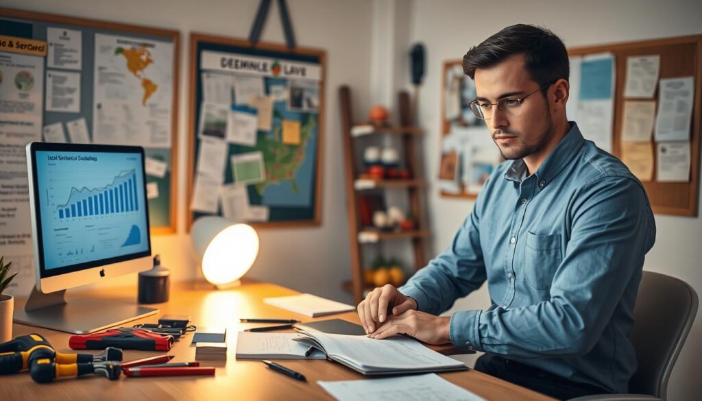 A modern workspace designed for an electrician's local SEO strategies. In the foreground, a focused electrician in professional attire, analyzing a laptop displaying graphs and statistics about website traffic and local search rankings. The middle ground features an organized desk with electrical tools, business cards, and a notepad with brainstorming notes for optimization techniques. In the background, a bulletin board filled with local maps, SEO strategy guidelines, and pinned customer testimonials creates an engaging environment. Soft, ambient lighting casts a warm glow, emphasizing a productive atmosphere, while a shallow depth of field blurs the background slightly, drawing attention to the electrician's concentrated expression and the digital workspace. The overall mood is one of professionalism and commitment to improving local service visibility. A modern workspace designed for an electrician's local SEO strategies. In the foreground, a focused electrician in professional attire, analyzing a laptop displaying graphs and statistics about website traffic and local search rankings. The middle ground features an organized desk with electrical tools, business cards, and a notepad with brainstorming notes for optimization techniques. In the background, a bulletin board filled with local maps, SEO strategy guidelines, and pinned customer testimonials creates an engaging environment. Soft, ambient lighting casts a warm glow, emphasizing a productive atmosphere, while a shallow depth of field blurs the background slightly, drawing attention to the electrician's concentrated expression and the digital workspace. The overall mood is one of professionalism and commitment to improving local service visibility.
