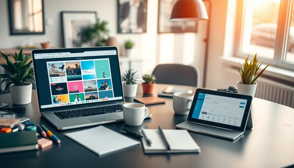 A modern workspace desk setup focused on "website refresh" for WordPress design. In the foreground, a sleek laptop displays an open design tool with vibrant website mockups. Beside it, various plugins and tools are laid out, such as colorful icons and digital notebooks. The middle ground features a well-organized desk with potted plants, a coffee mug, and a tablet showcasing a WordPress dashboard. In the background, a large window lets in warm, natural light, creating a bright, inviting atmosphere. The scene conveys a sense of creativity and productivity, emphasizing organization and the excitement of redesigning a website. The overall mood is professional yet dynamic, ideal for tech enthusiasts and designers. A modern workspace desk setup focused on "website refresh" for WordPress design. In the foreground, a sleek laptop displays an open design tool with vibrant website mockups. Beside it, various plugins and tools are laid out, such as colorful icons and digital notebooks. The middle ground features a well-organized desk with potted plants, a coffee mug, and a tablet showcasing a WordPress dashboard. In the background, a large window lets in warm, natural light, creating a bright, inviting atmosphere. The scene conveys a sense of creativity and productivity, emphasizing organization and the excitement of redesigning a website. The overall mood is professional yet dynamic, ideal for tech enthusiasts and designers.