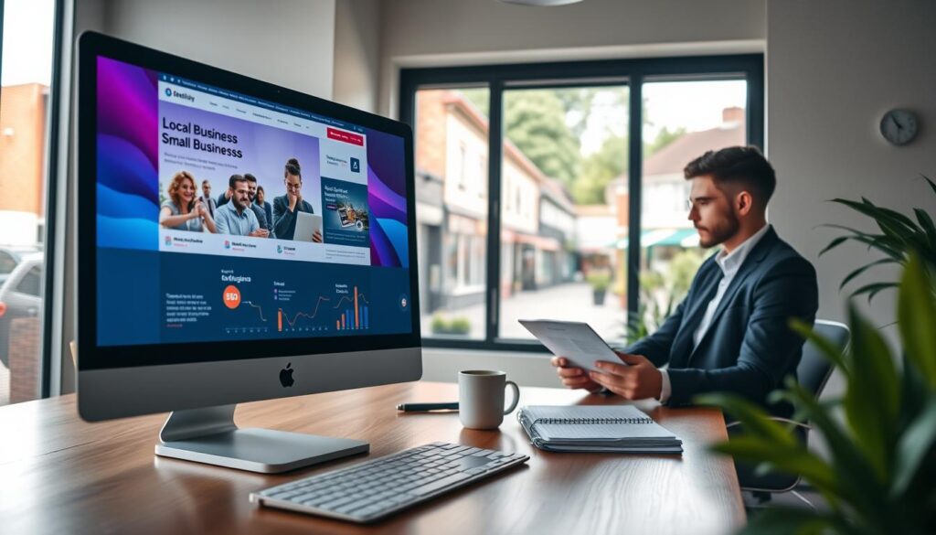 A modern workspace focused on web design for small businesses in Melton. In the foreground, a computer screen displays a vibrant, visually compelling website layout featuring local business elements, graphs indicating SEO performance, and engaging design elements. The middle layer showcases a designer, dressed in professional business attire, analyzing designs with notes and a coffee mug beside them. In the background, a large window reveals a small-town street in Melton, filled with charming shops and greenery, connected to the local community. Soft, natural light floods the room, casting gentle shadows and enhancing the warm atmosphere, conveying a sense of creativity and professionalism. The scene is designed to illustrate the importance of SEO in web design, reflected through the use of modern technology and local relevance. A modern workspace focused on web design for small businesses in Melton. In the foreground, a computer screen displays a vibrant, visually compelling website layout featuring local business elements, graphs indicating SEO performance, and engaging design elements. The middle layer showcases a designer, dressed in professional business attire, analyzing designs with notes and a coffee mug beside them. In the background, a large window reveals a small-town street in Melton, filled with charming shops and greenery, connected to the local community. Soft, natural light floods the room, casting gentle shadows and enhancing the warm atmosphere, conveying a sense of creativity and professionalism. The scene is designed to illustrate the importance of SEO in web design, reflected through the use of modern technology and local relevance.