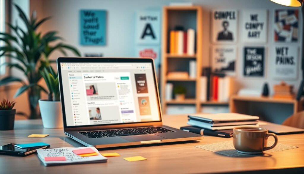 A modern workspace illustrating a WordPress setup for content planning and creation. In the foreground, a sleek desk features a laptop displaying the WordPress dashboard, surrounded by colorful sticky notes and a notepad with brainstorming ideas. The middle layer includes a potted plant and a cup of coffee, enhancing the work environment. The background showcases a soft-focus bookshelf filled with web design books and motivational posters. The lighting is warm and inviting, coming from a nearby window, creating a cozy atmosphere. A shallow depth of field emphasizes the laptop while retaining a sense of the professional yet creative ambiance. The overall mood is productive and inspiring, reflecting the excitement of launching a website. A modern workspace illustrating a WordPress setup for content planning and creation. In the foreground, a sleek desk features a laptop displaying the WordPress dashboard, surrounded by colorful sticky notes and a notepad with brainstorming ideas. The middle layer includes a potted plant and a cup of coffee, enhancing the work environment. The background showcases a soft-focus bookshelf filled with web design books and motivational posters. The lighting is warm and inviting, coming from a nearby window, creating a cozy atmosphere. A shallow depth of field emphasizes the laptop while retaining a sense of the professional yet creative ambiance. The overall mood is productive and inspiring, reflecting the excitement of launching a website.