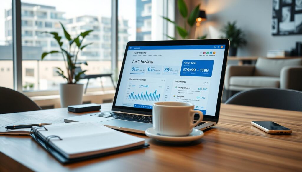 A modern workspace illustrating website hosting options for small businesses in Australia. In the foreground, a sleek laptop displaying a website dashboard with graphs and hosting plans, surrounded by a notebook, cup of coffee, and a smartphone. In the middle, a stylish office setting featuring a comfortable desk chair and a potted plant, creating a warm yet professional atmosphere. The background shows a large window with natural light streaming in, illuminating the space and casting soft shadows. The overall mood is productive and inviting, with a color palette of blues, whites, and greens. A photographer's perspective with a slight angle captures the essence of contemporary business life, focusing on technology and organization, with no people in the scene. A modern workspace illustrating website hosting options for small businesses in Australia. In the foreground, a sleek laptop displaying a website dashboard with graphs and hosting plans, surrounded by a notebook, cup of coffee, and a smartphone. In the middle, a stylish office setting featuring a comfortable desk chair and a potted plant, creating a warm yet professional atmosphere. The background shows a large window with natural light streaming in, illuminating the space and casting soft shadows. The overall mood is productive and inviting, with a color palette of blues, whites, and greens. A photographer's perspective with a slight angle captures the essence of contemporary business life, focusing on technology and organization, with no people in the scene.