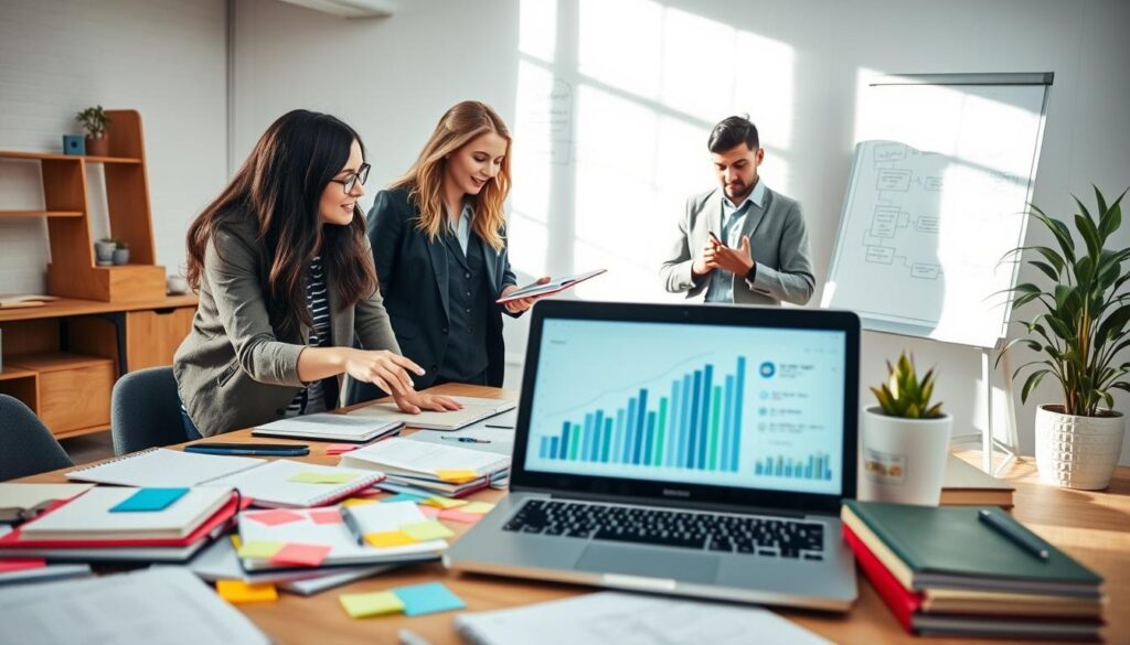 A modern workspace scene focused on developing a high-impact blog content strategy. In the foreground, an organized desk cluttered with notebooks, colorful sticky notes, and an open laptop displaying analytical graphs. In the middle ground, a diverse group of three professionals—two women and one man—collaborating enthusiastically, dressed in smart casual attire. One woman points at the laptop screen, while the man jot down ideas on a notepad. In the background, a large whiteboard filled with flowcharts and content strategies, a potted plant adding a touch of greenery. The room is bathed in natural light streaming through a large window, with a warm and inviting atmosphere, enhancing the feeling of creativity and collaboration. A modern workspace scene focused on developing a high-impact blog content strategy. In the foreground, an organized desk cluttered with notebooks, colorful sticky notes, and an open laptop displaying analytical graphs. In the middle ground, a diverse group of three professionals—two women and one man—collaborating enthusiastically, dressed in smart casual attire. One woman points at the laptop screen, while the man jot down ideas on a notepad. In the background, a large whiteboard filled with flowcharts and content strategies, a potted plant adding a touch of greenery. The room is bathed in natural light streaming through a large window, with a warm and inviting atmosphere, enhancing the feeling of creativity and collaboration.