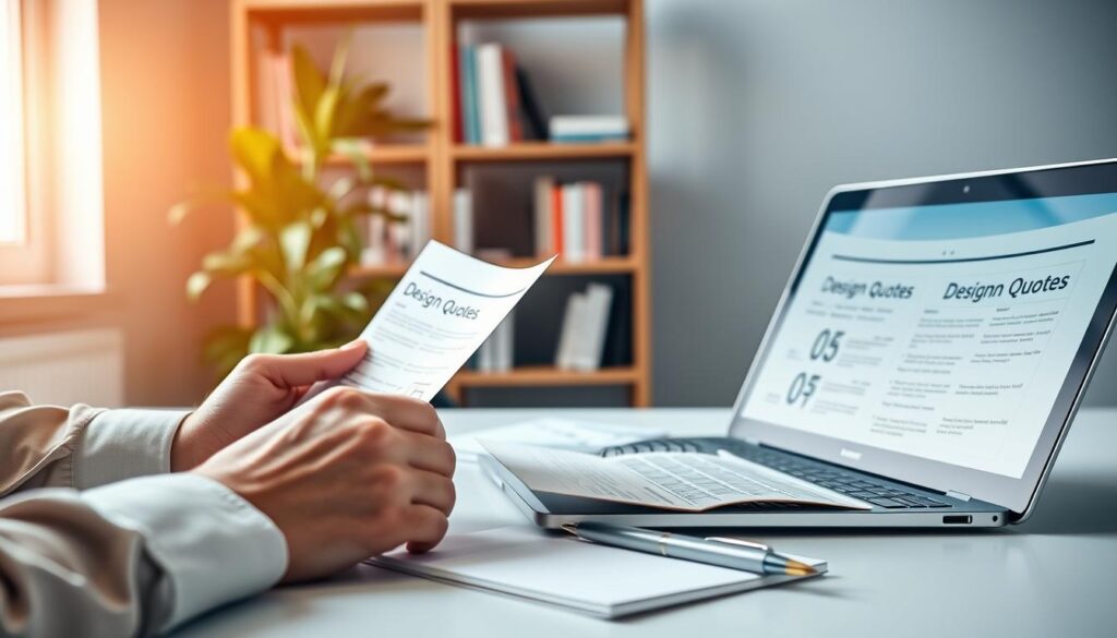 A modern workspace showcasing a clean, minimalistic desk setup with a laptop displaying website design quotes on the screen. In the foreground, a person's hands in professional attire are thoughtfully reviewing printouts of design quotes, emphasizing a focus on evaluation. The middle layer features a stylish notepad filled with handwritten notes and an elegant pen, capturing a sense of organization and practicality. The background includes a softly blurred bookshelf filled with design books and a green plant adding a touch of liveliness. The lighting is warm and inviting, coming from a nearby window, creating a bright atmosphere that conveys professionalism and clarity. The mood is one of concentration and decision-making, ideal for the task of analyzing website design quotes. A modern workspace showcasing a clean, minimalistic desk setup with a laptop displaying website design quotes on the screen. In the foreground, a person's hands in professional attire are thoughtfully reviewing printouts of design quotes, emphasizing a focus on evaluation. The middle layer features a stylish notepad filled with handwritten notes and an elegant pen, capturing a sense of organization and practicality. The background includes a softly blurred bookshelf filled with design books and a green plant adding a touch of liveliness. The lighting is warm and inviting, coming from a nearby window, creating a bright atmosphere that conveys professionalism and clarity. The mood is one of concentration and decision-making, ideal for the task of analyzing website design quotes.