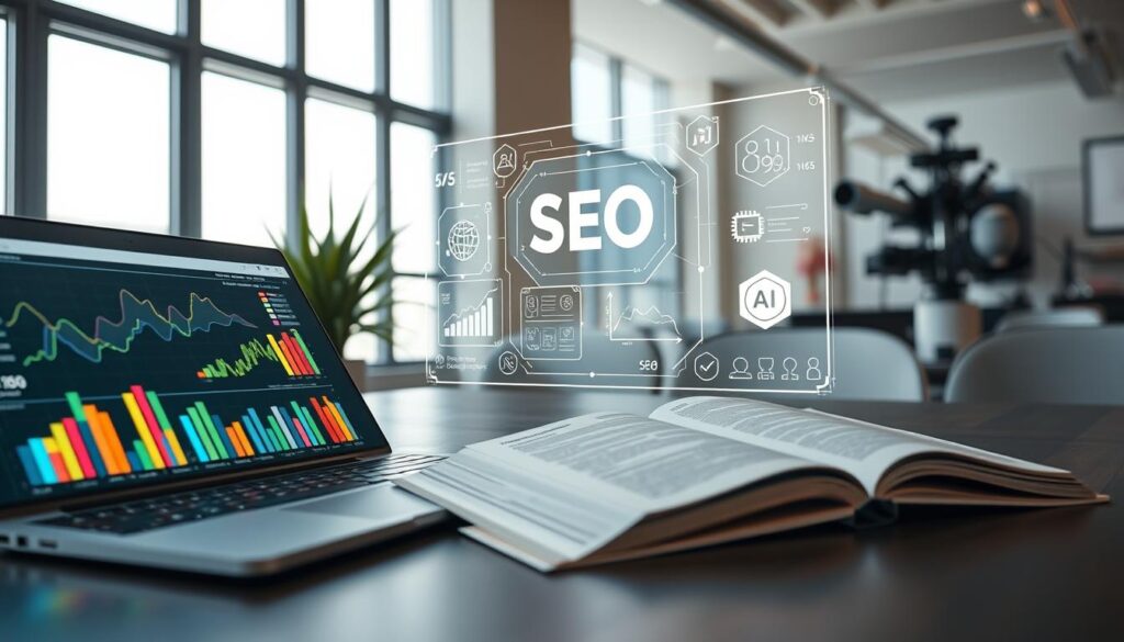 A modern workspace showcasing various AI tools designed for SEO optimization. In the foreground, a sleek laptop displays colorful graphs and analytics related to website performance. Beside it, an educational book about SEO is open, with annotations visible on its pages. In the middle, a transparent digital interface glows, illustrating different AI algorithms and metrics pertinent to SEO strategies. The background features a well-lit office with a large window, allowing soft natural light to illuminate the scene, while a potted plant adds a touch of greenery. The atmosphere is professional and innovative, highlighting the intersection of technology and digital marketing. Use a wide-angle perspective to capture the depth of the workspace while maintaining a clean and organized composition.